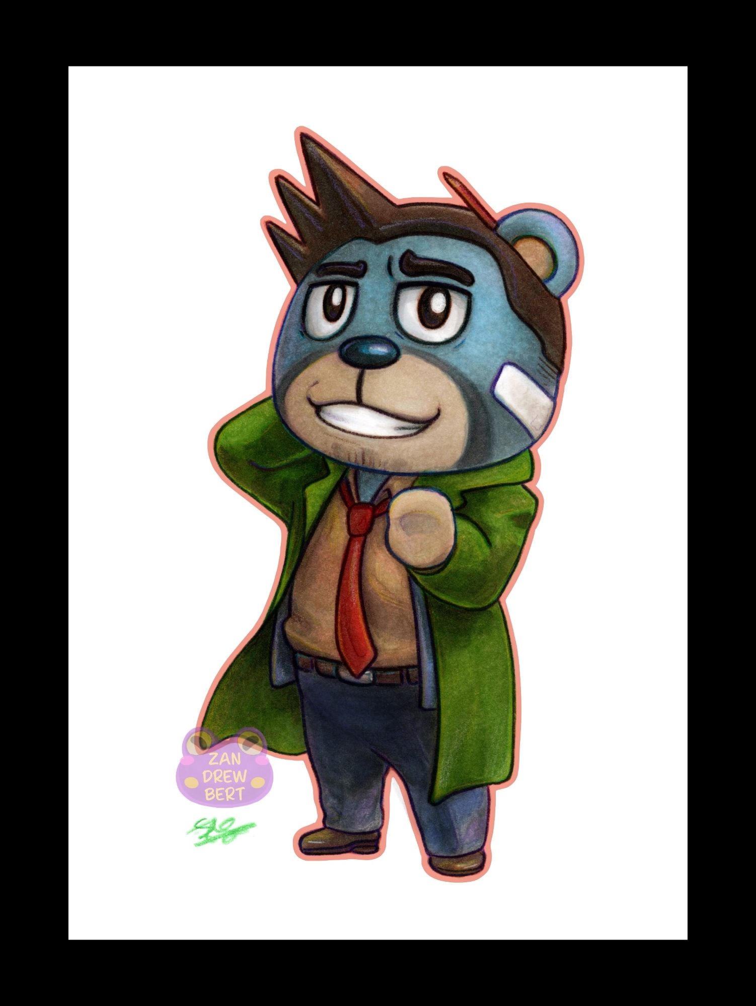 Animal crossing villager as the ace attorney character. He is standing with one hand up in a wave and the other hand behind his head