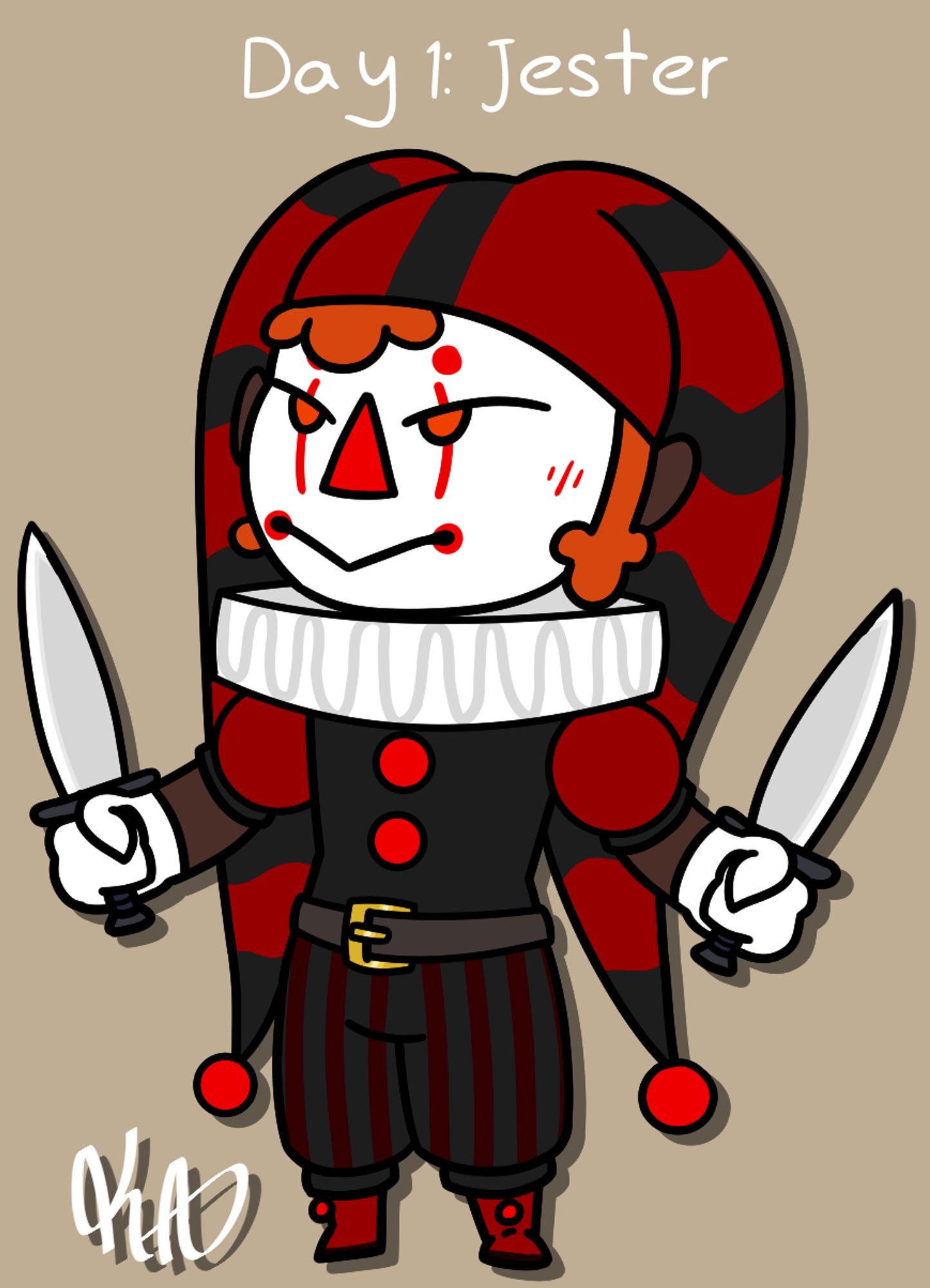 A jester holding two daggers, colors inspired by Cicero from TES:S