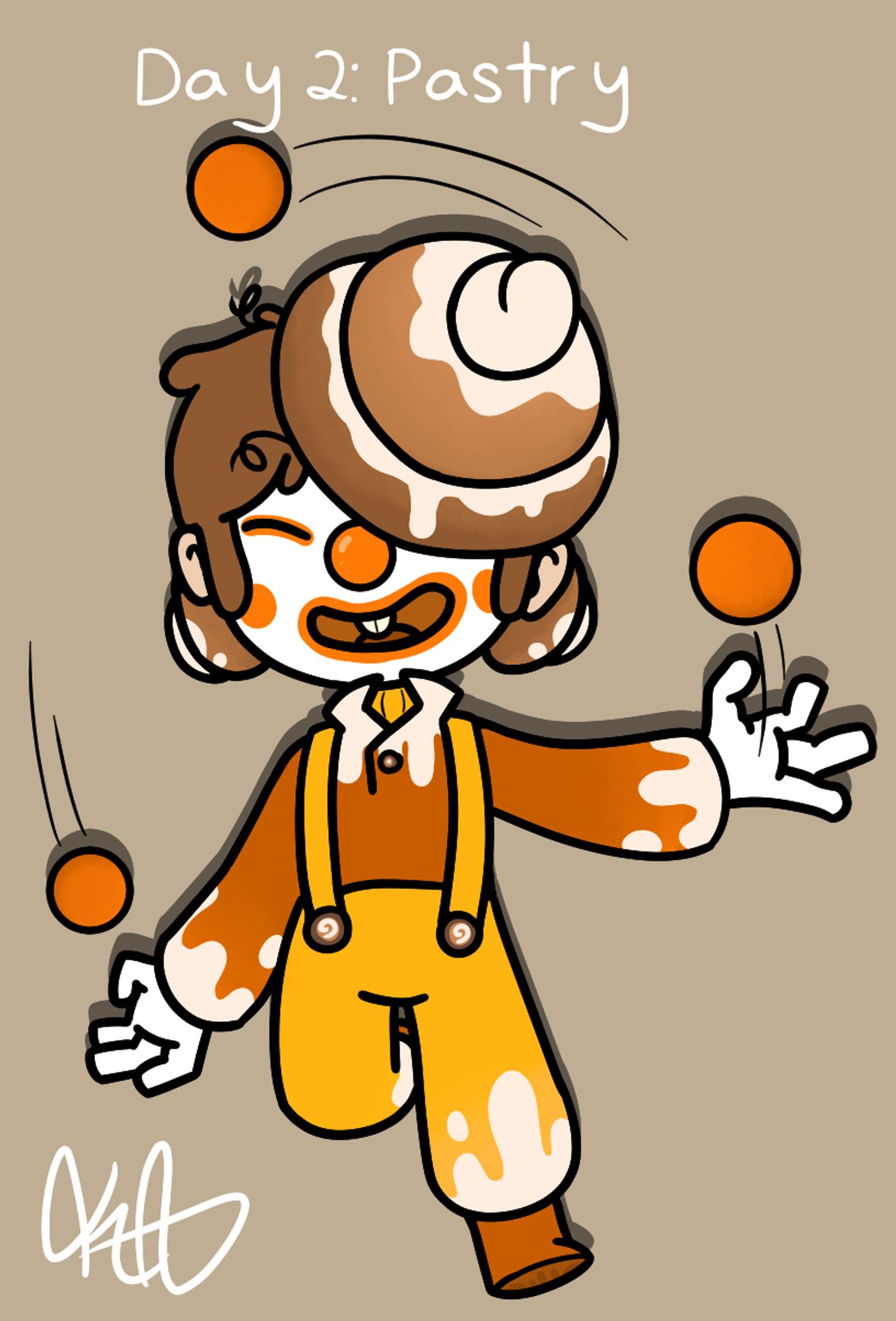 A juggling clown based off of a cinnamon roll.