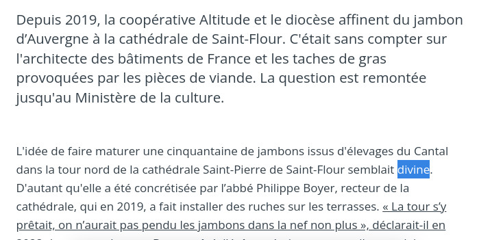 Depuis 2019, la coopérative Altitude et le diocèse affinent du jambon d’Auvergne à la cathédrale de Saint-Flour. C'était sans compter sur l'architecte des bâtiments de France et les taches de gras provoquées par les pièces de viande. La question est remontée jusqu'au Ministère de la culture.
L'idée de faire maturer une cinquantaine de jambons issus d'élevages du Cantal dans la tour nord de la cathédrale Saint-Pierre de Saint-Flour semblait divine. D'autant qu'elle a été concrétisée par l’abbé Philippe Boyer, recteur de la cathédrale, qui en 2019, a fait installer des ruches sur les terrasses. « La tour s’y prêtait, on n’aurait pas pendu les jambons dans la nef non plus », déclarait-il en 2022 dans nos colonnes. De son côté, l'évêque était aux anges, il entendait, par ce biais, renforcer « les liens avec la ruralité ».

