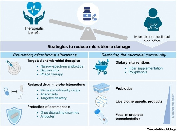 Figure from a scientific paper describing multiple strategies to reduce damage to the microbiome caused by the use of medications