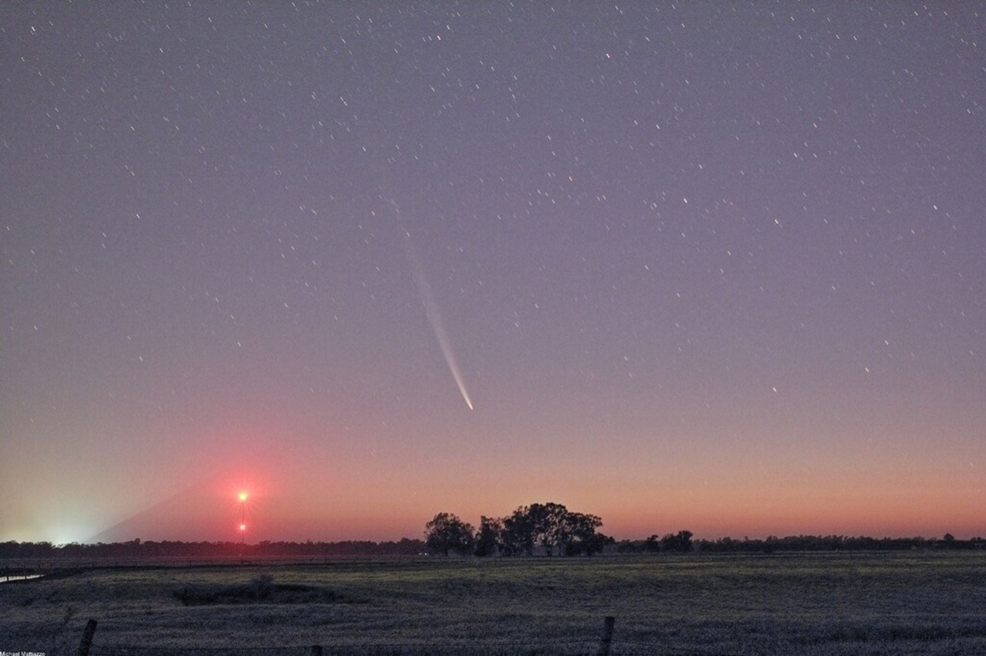 Comet low above the purple twilight horizon with a slim and slightly curved tail.