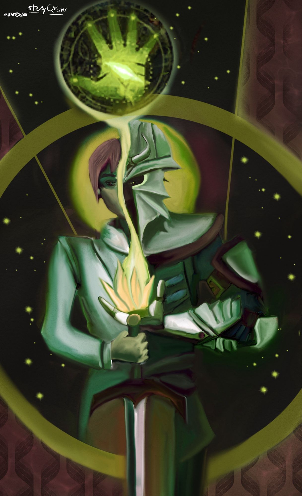 A tarot card inspired by dragon age, showing a person hefting a sword , with magic erupting out of a hand.