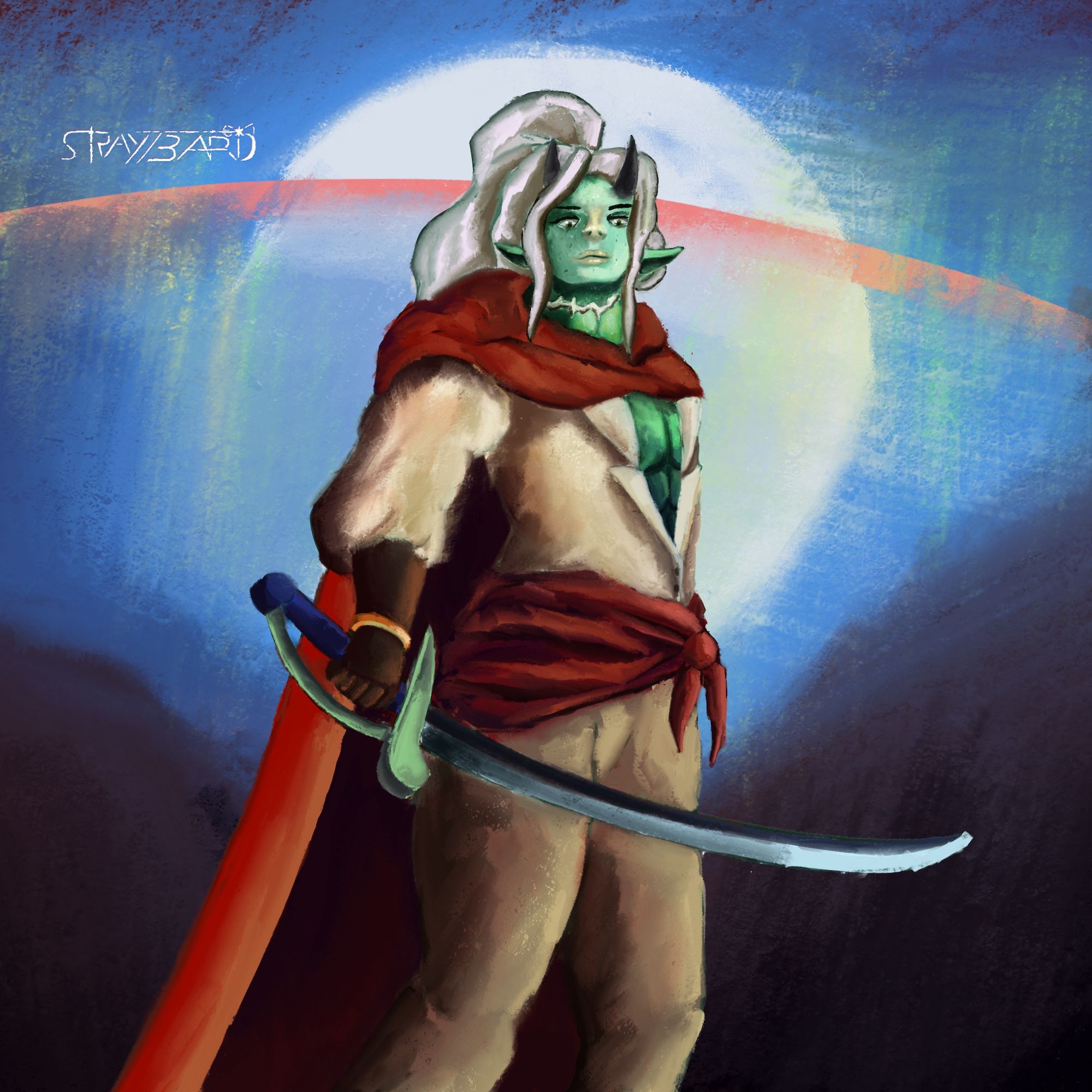 A green teifling with a red cape, a curved sword, looking down at the view triumphantly