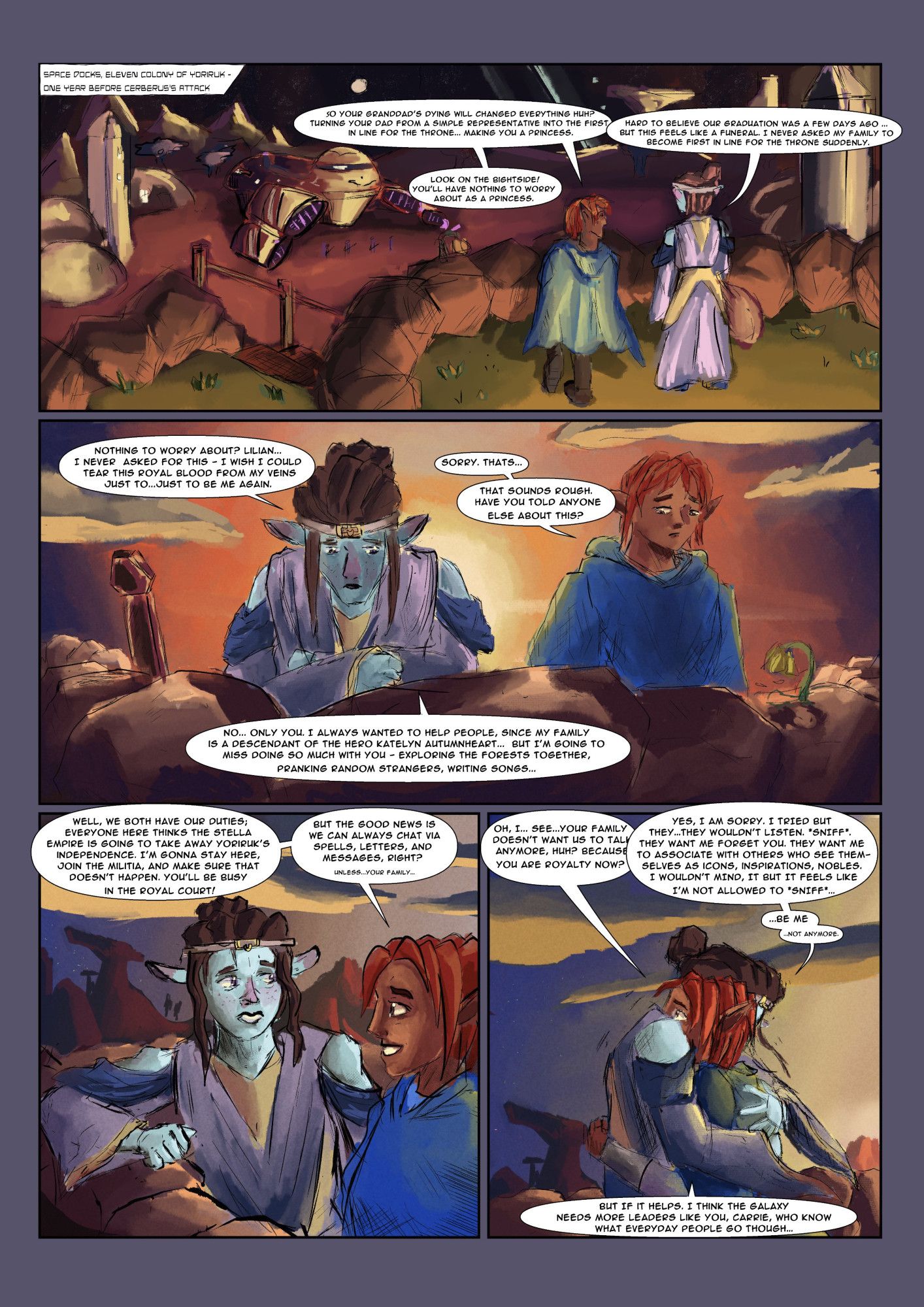 A comic of a Firbolg, Carrie, and an Elf, Lilian, Saying goodbye (this is the first page in my Comic: Spacefarers and Sorcery the Princess Bard)