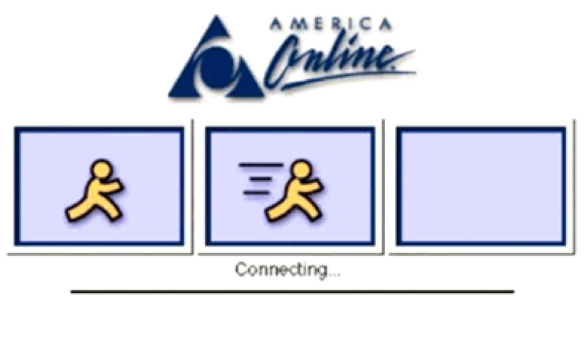 The status screen for America Online, with icons for “dialing”, “connecting”, and “connected”. The “connecting” icon is currently active.