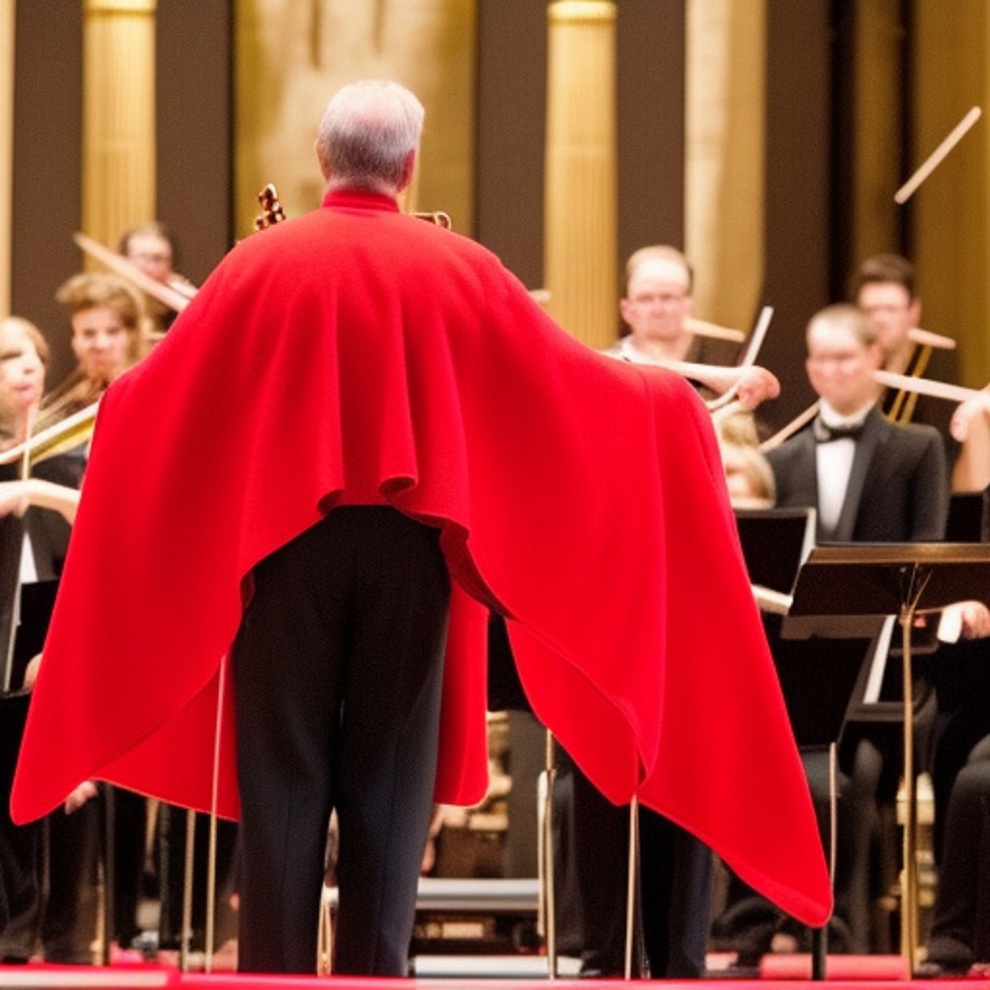 Orchestra conductor wearing a red cape