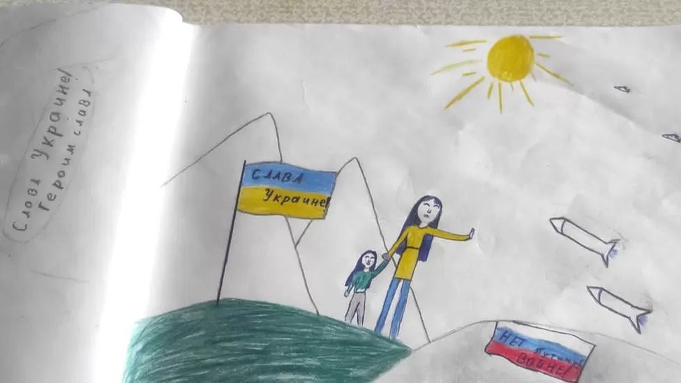 An anti-war, pro-Ukraine drawing made by Masha Moskalyova, then 12 years old, in early 2022 for an art class. This drawing caused a legal case that led to Masha's father being arrested in March 2023, then released on 15 October 2024.