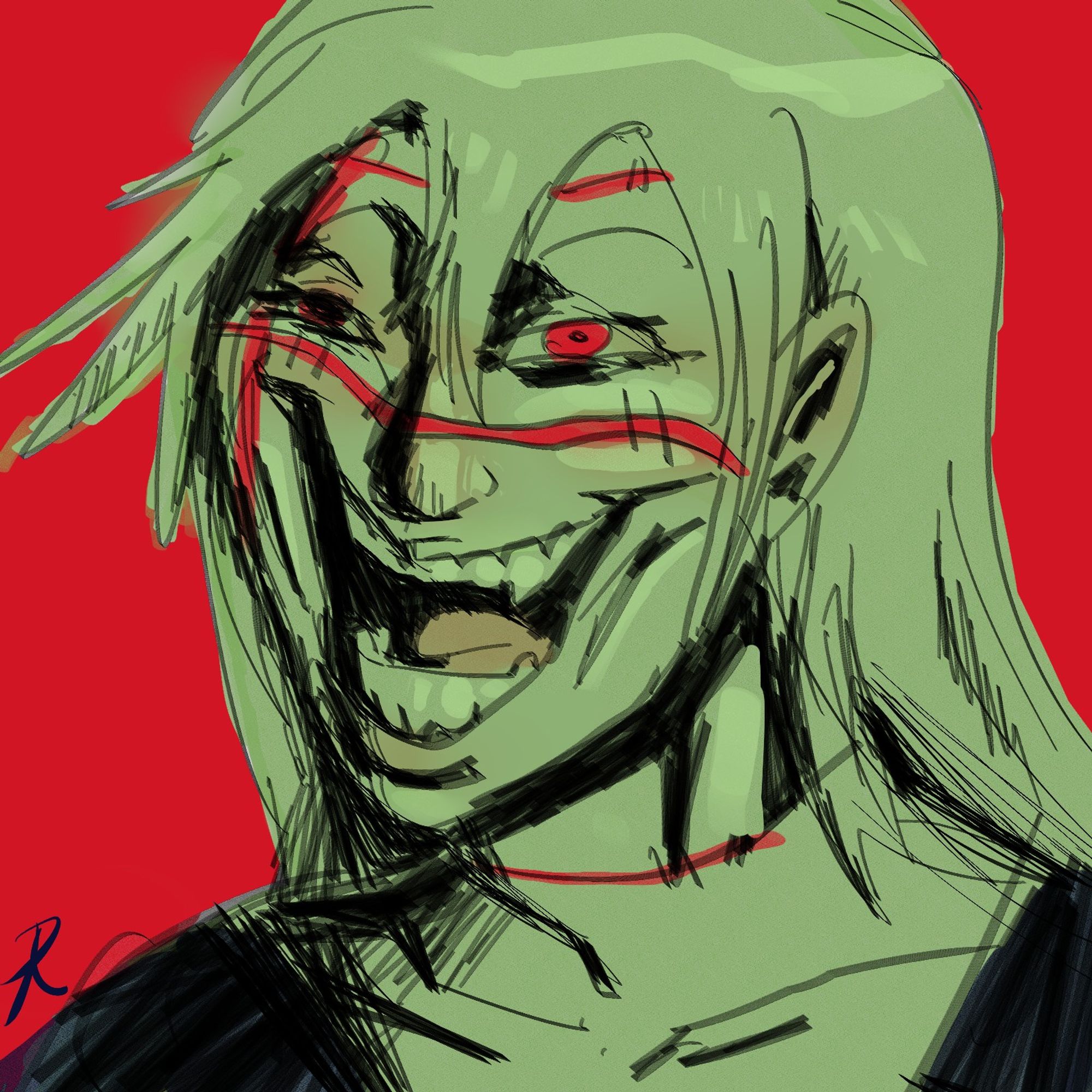 greenish Mahito on a solid red bg. with a mischevious smile like he just killed someone.