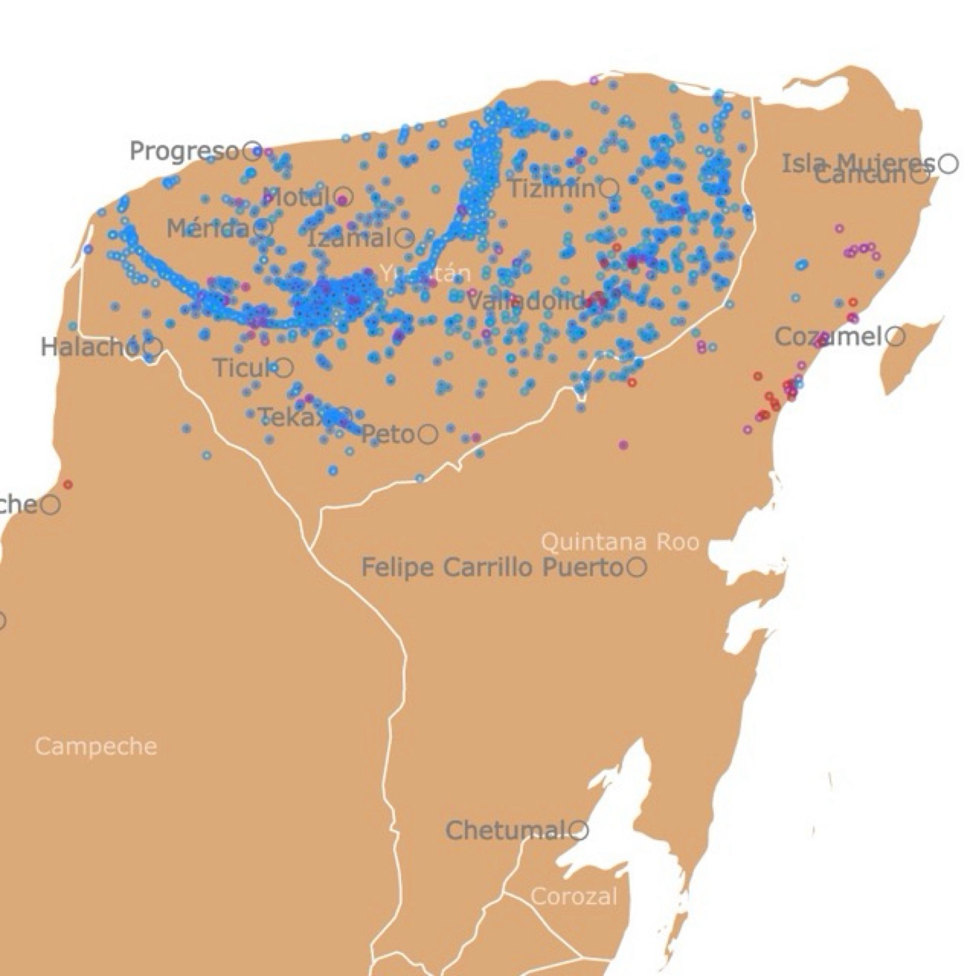 map of cenotes (creepy water-filled sinkhole caves) in Yucatan, Mexico, looking like somebody set their coffee down on the top left corner of the map and left a ring