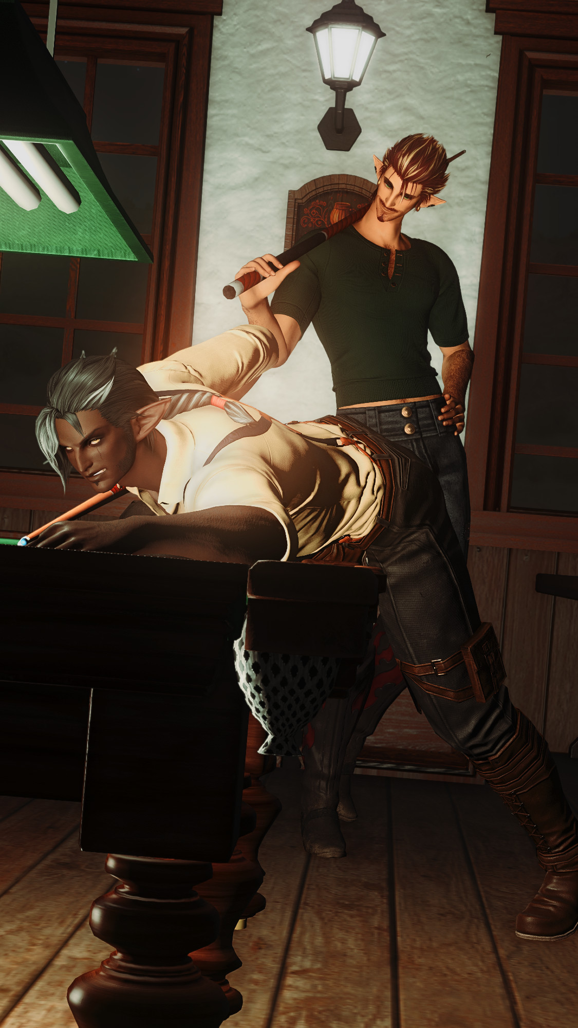 Two elezen men playing pool. One is focusing on the shot, and the other is focusing on the nice view.