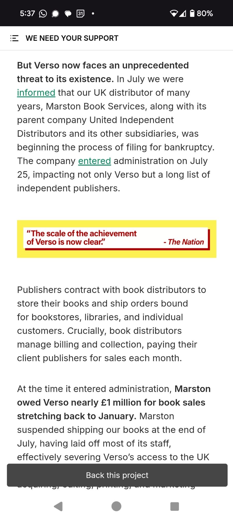 Text from verso's Kickstarter campaign describing how Marston Book Services filed for bankruptcy with a million euro worth of book sales unfulfilled