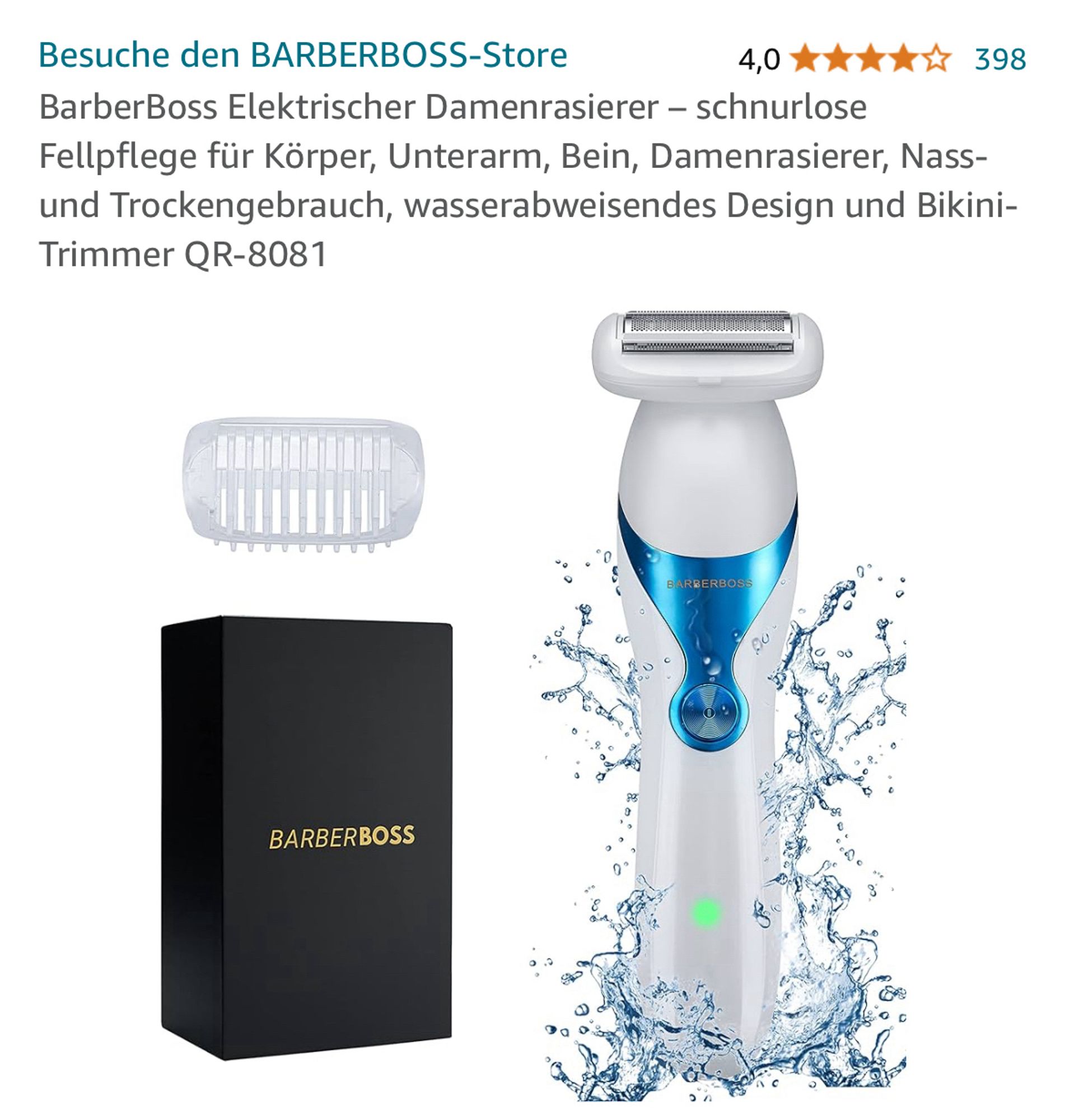 Angebot für einen Damenrasierer, im Text steht schnurlose Fellpflege.