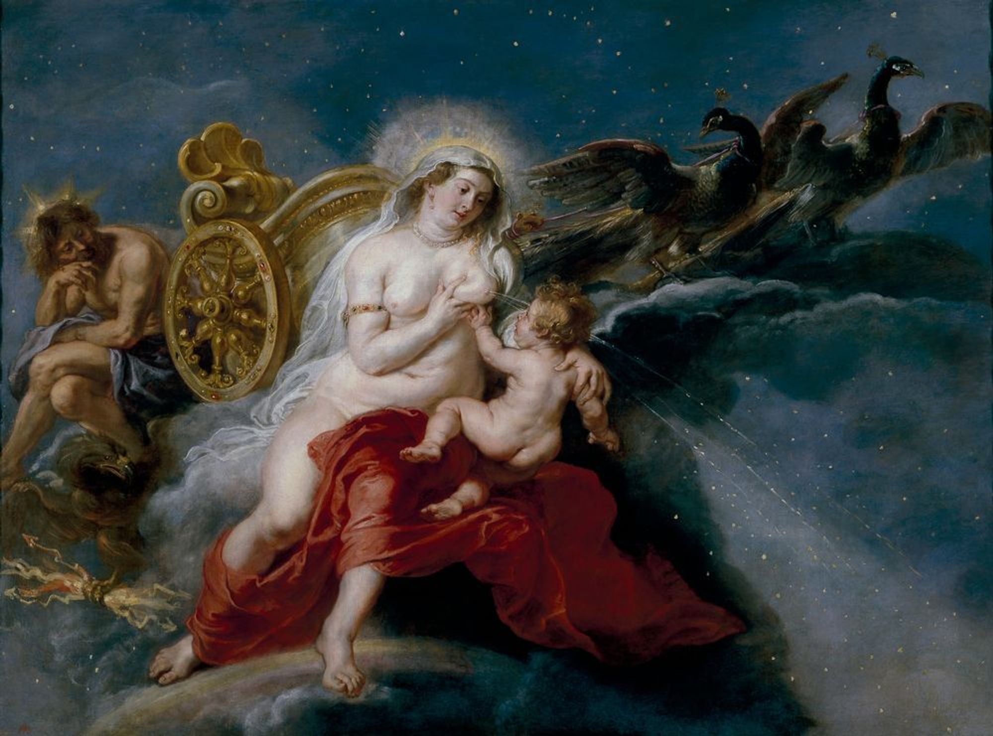 The Birth of the Milky Way by Peter Paul Rubens. With the night sky behind her, Hera squirts milk for Heracles. Zeus observes the scene from behind her on an eagle-drawn, golden chariot.