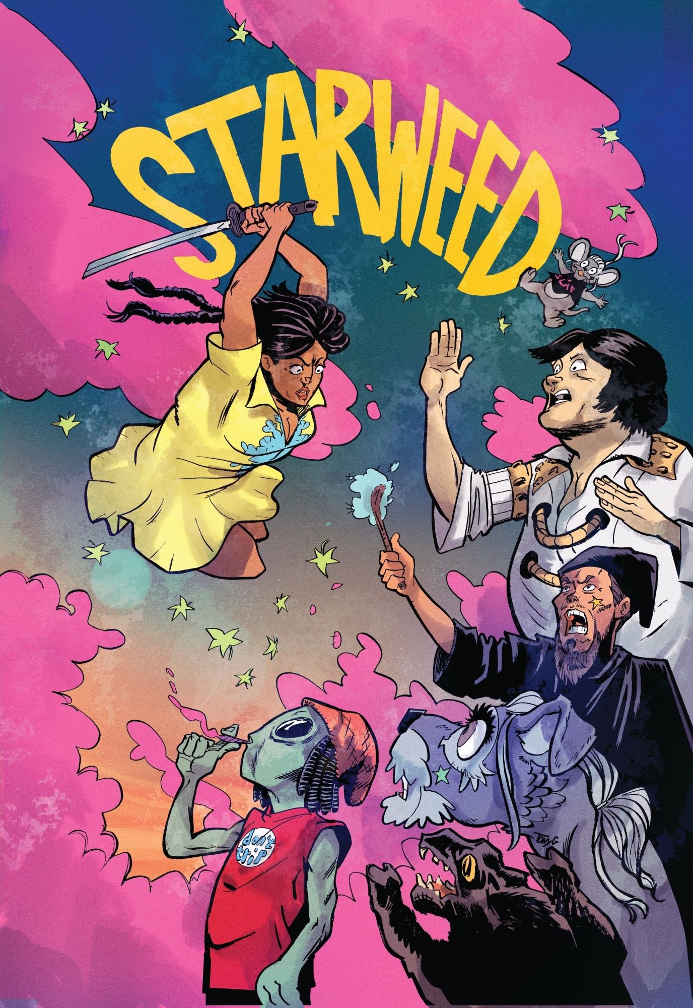 Starweed #3 Cover featuring protagonist Digs leaping with a sword, apparently attacking Elvis, a Wizard, the Tramp from Lady and the Tramp, an alien, and chupacabra? Surrounded by pink smoke from the alien's joint. yellow text: Starweed