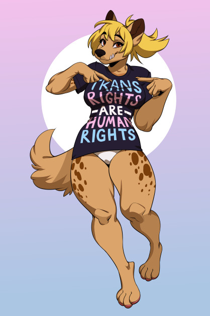 An anthropomorphic hyena wearing a shirt that reads "Trans rights are human rights"