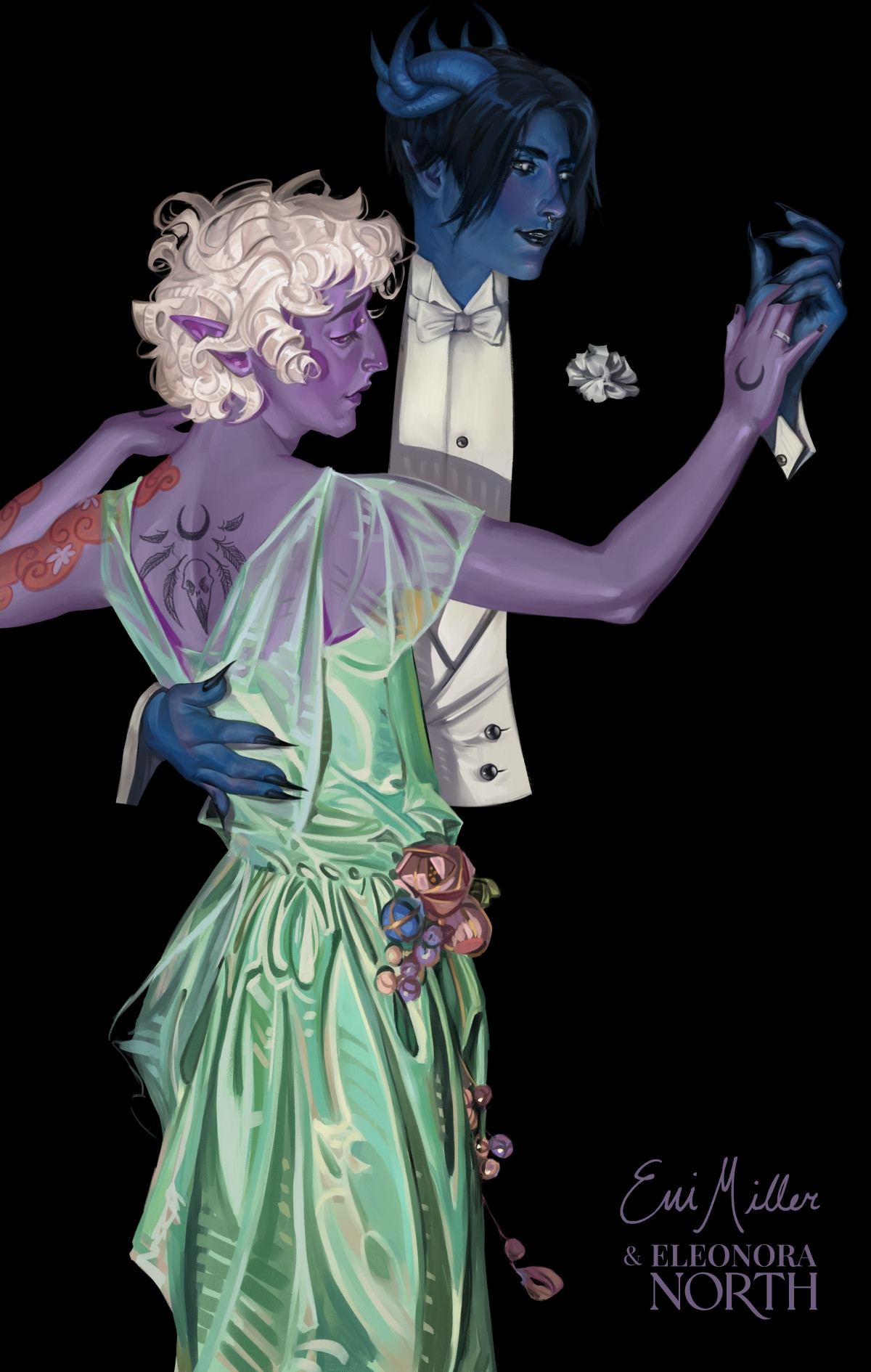 Illustration of Valac (he/him, blue tiefling) and Kismet (he/him, purple drow), in the pose of "Couple Dancing, Arrow collars and shirts for Dress" by Joseph Christian Leyendecker