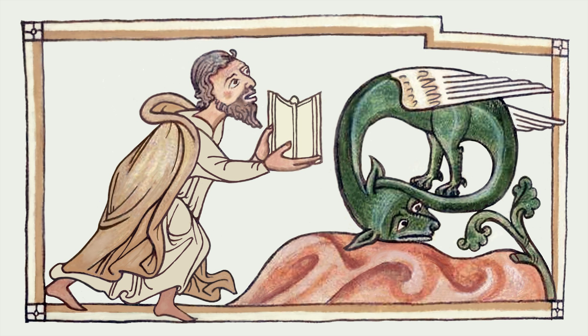 13th century framed illustration of a man desperately showing an open book to a mythical winged beast who is so uninterested it has turned away and stuck its own tail in its ear.