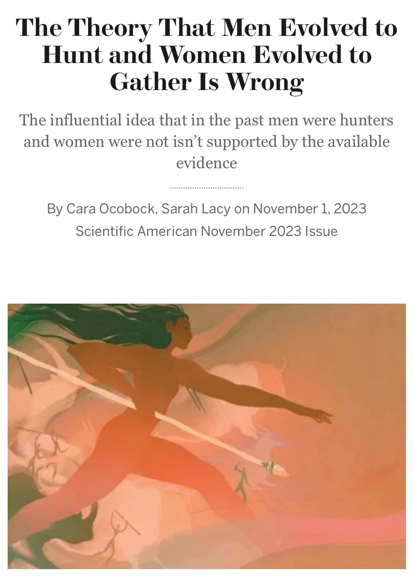 Beginning of article from Scientific American sowing a lovely orange-toned painting of a naked woman running with a spear