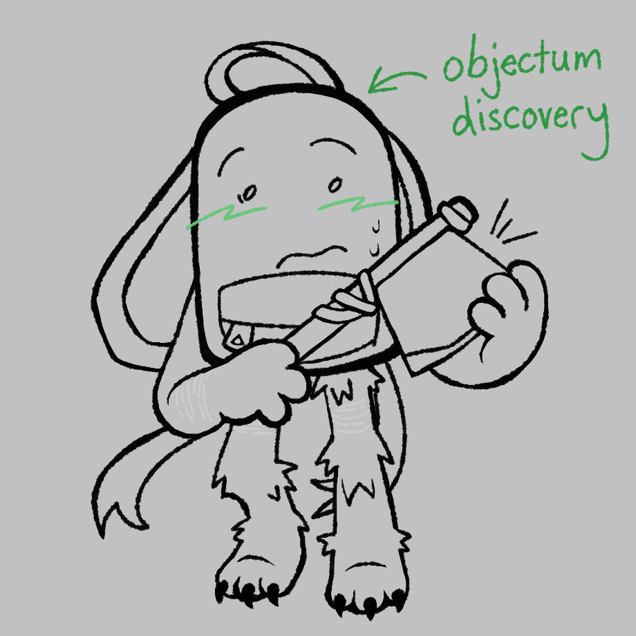 an uncolored doodle of liam plecak (from hfjONE) holding an axe with a green arrow pointing to him, the text next to it being "objectum discovery"