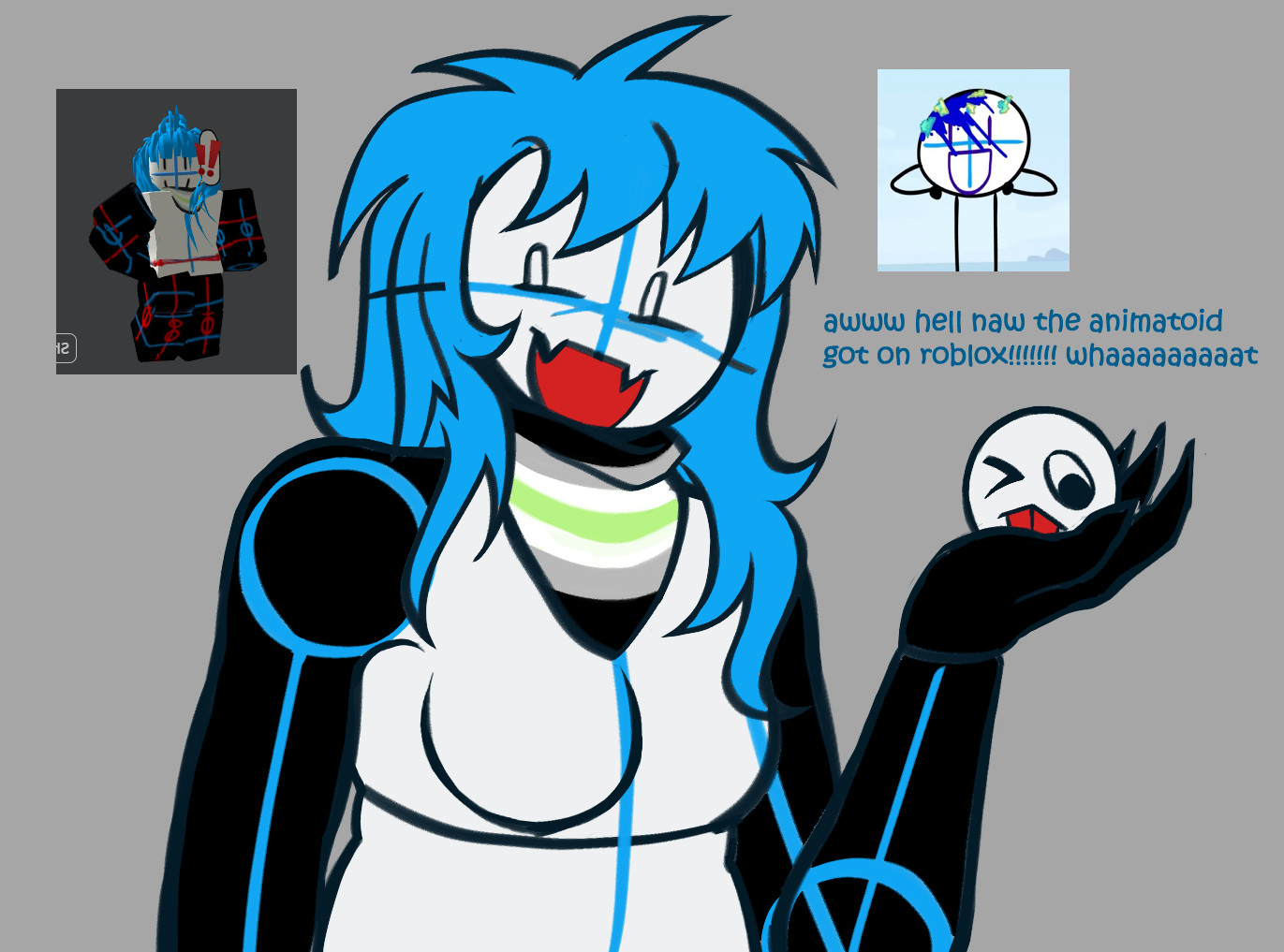 a doodle of my roblox avatar (dressed as animatic from animatic battle, with long blue hair and wearing a bandana of the agender flag). it is more humanized and is holding a gomball (item from regretevator, looks like a small white ball with a face on it. the face has one eye closed and its tongue sticking out).