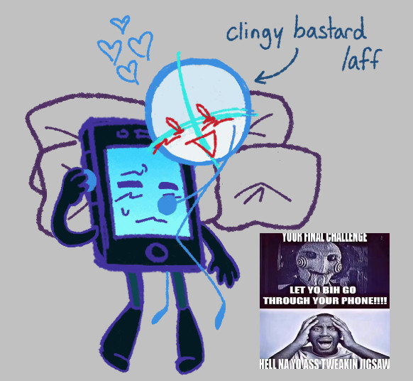 characters depicted are mephone4 (from inanimate insanity) and animatic (from animatic battle). they are cuddling, although animatic is much more clingy and a bit overbearing about it - hence the text with an arrow next to it saying "clingy bastard /affectionate"