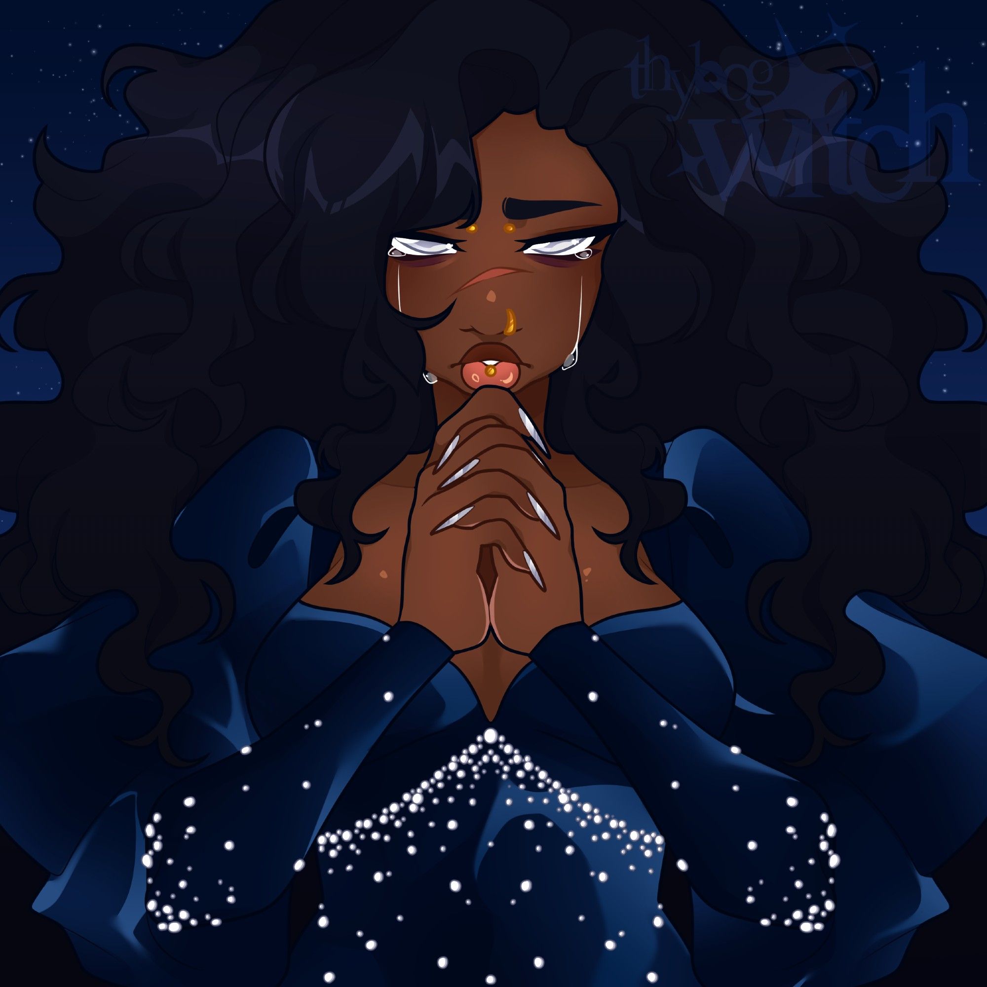 Astrid is crying while praying, wearing a deep blue dress with pearls dripping down it's fabric body and sleeves, her black curls engulf her body under the night sky.