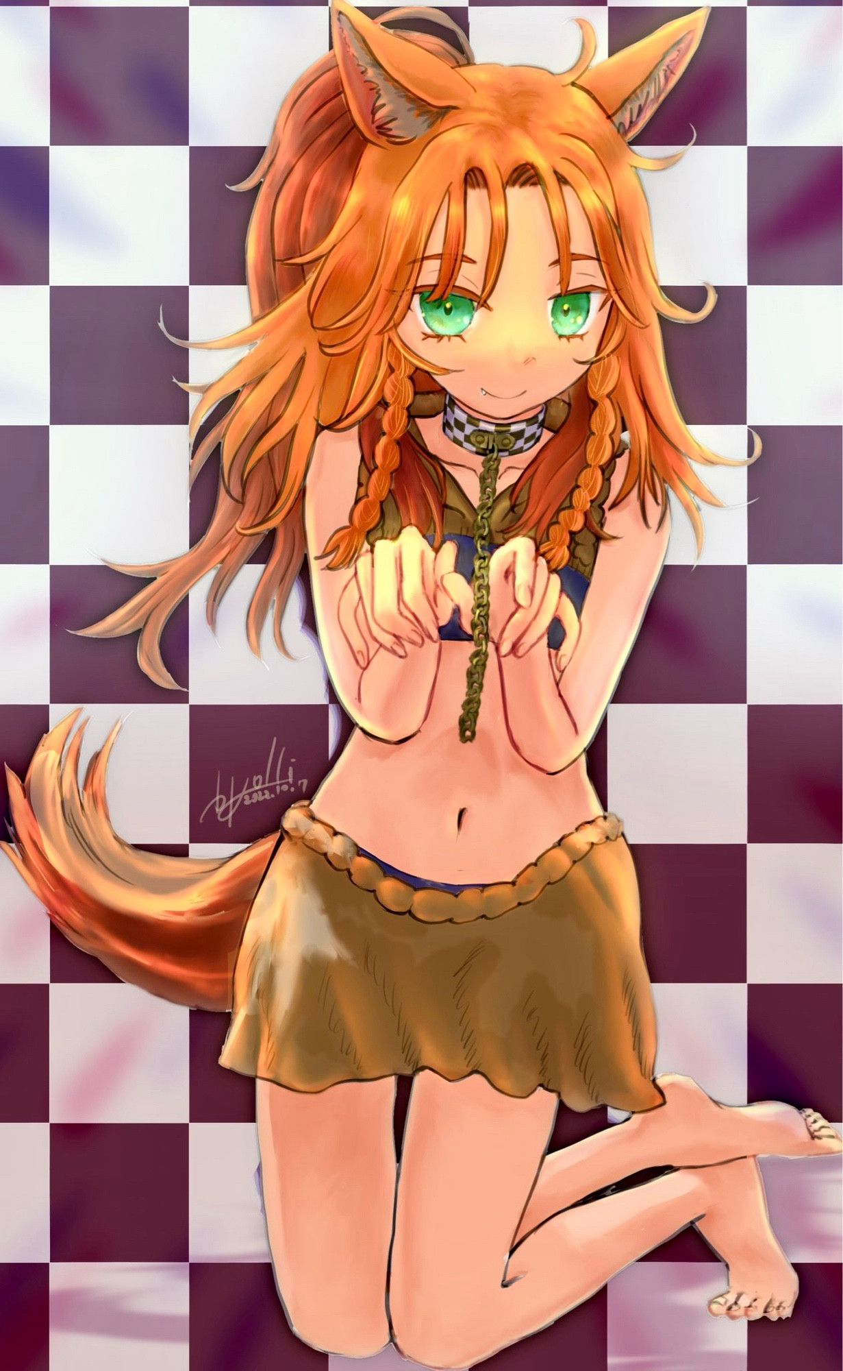 Ginger haired femboy fox with braids and half updo hair style , kneeling with hands in front of chest holding their own collar chain.