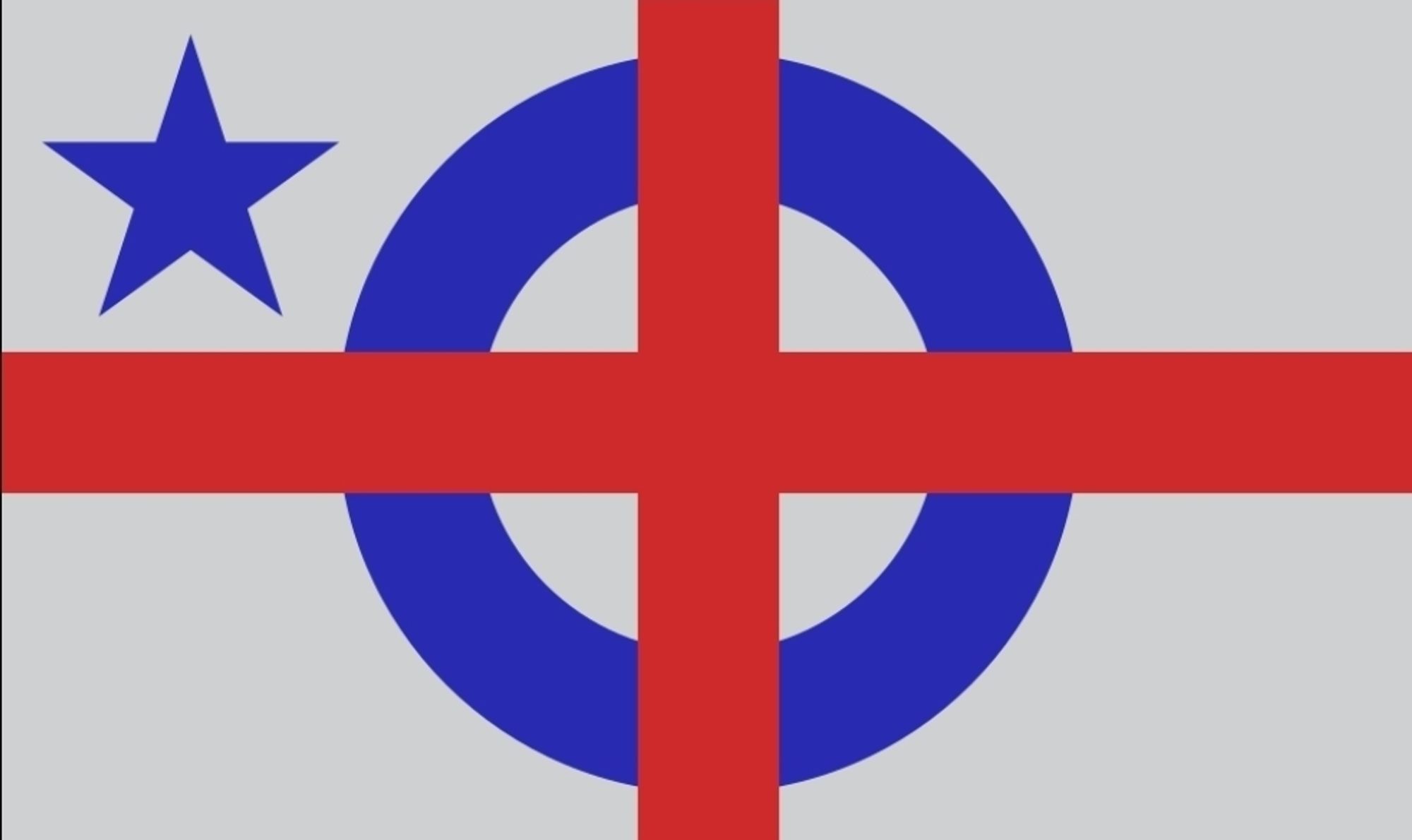 A 3:5 flag with a white background, a red cross along the centre line of both horizontal and vertical axis, a blue ring behind the crosses, and a blue star in the top left corner