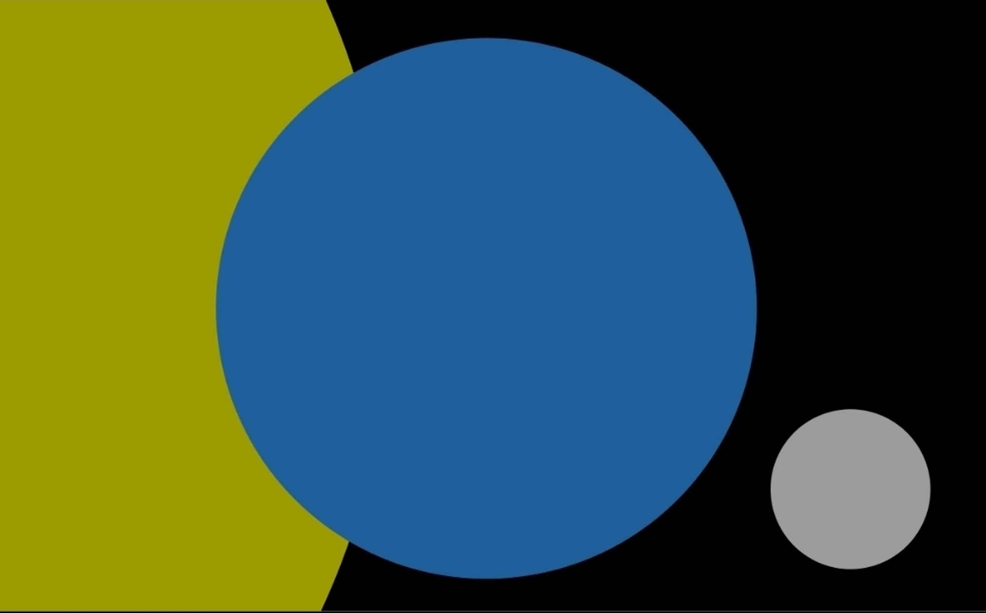 A 3:5 flag with black background, a blue circle in the middle with a small Grey circle in the bottom right, the first 1/3rd of the image contains a shape implying a much more massive yellow circle partially obscured by the blue circle and mostly out of frame above below and to the left of the left third of the flag