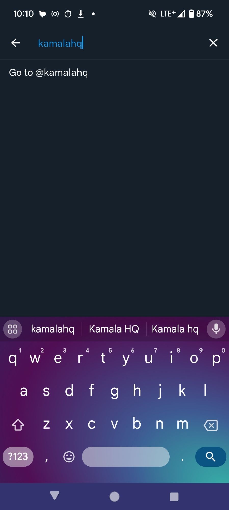 A screenshot of the Twitter search function. The user is searching for "kamalahq", and instead of showing results for the search there is only the option to "Go to @Kamalahq". Typically the account and profile picture would be shown in search. This sort of thing is usually reserved for shadowbanned or otherwise restricted accounts