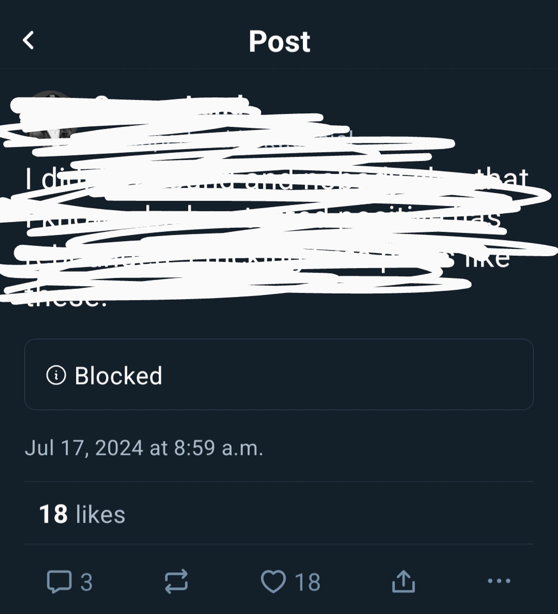 A censored quote skeet, except it says Blocked where the quoted skeet should be