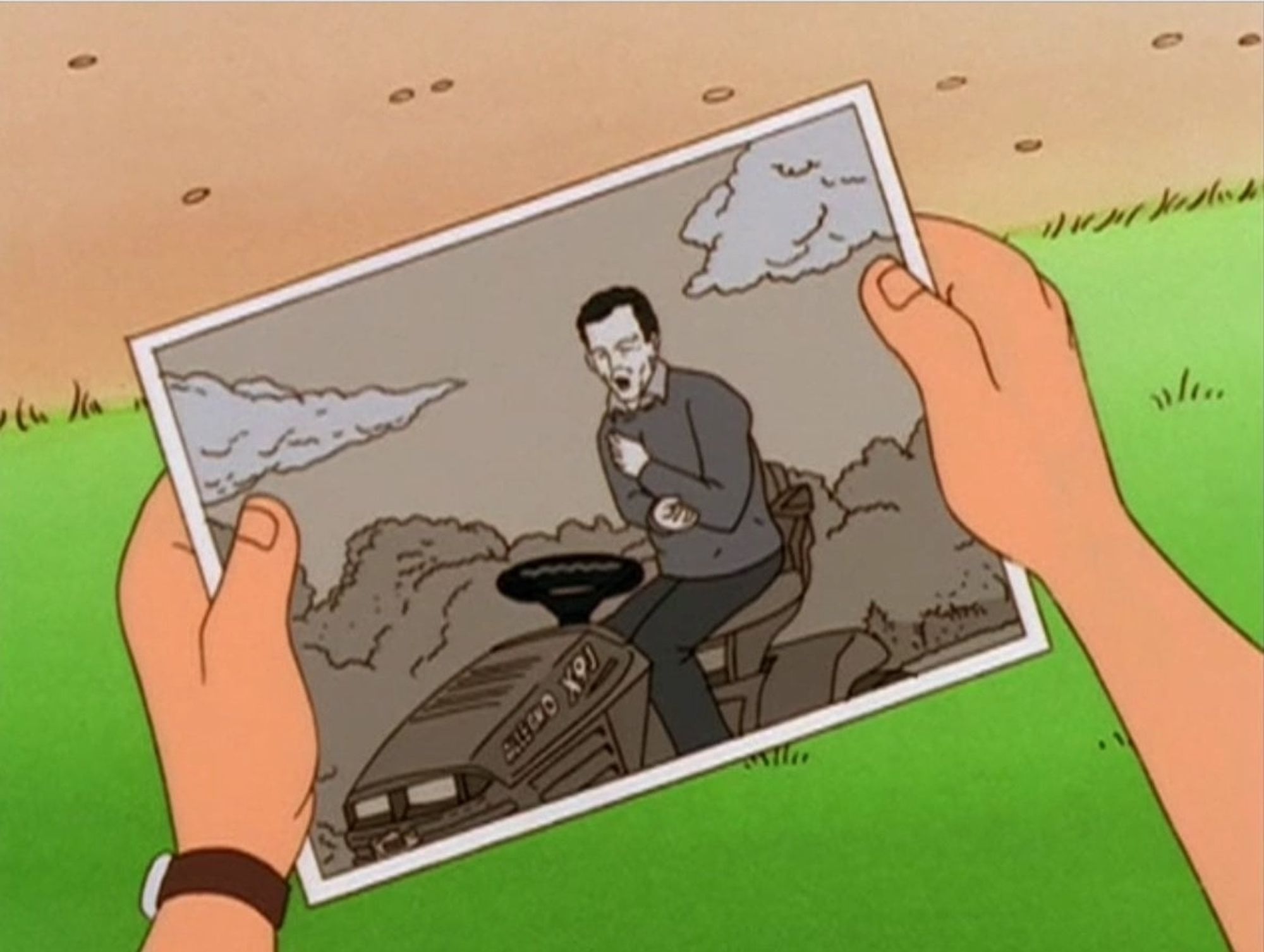 Still from King of the Hill, a black and white photo of Lee Harvey Oswald on a riding mower