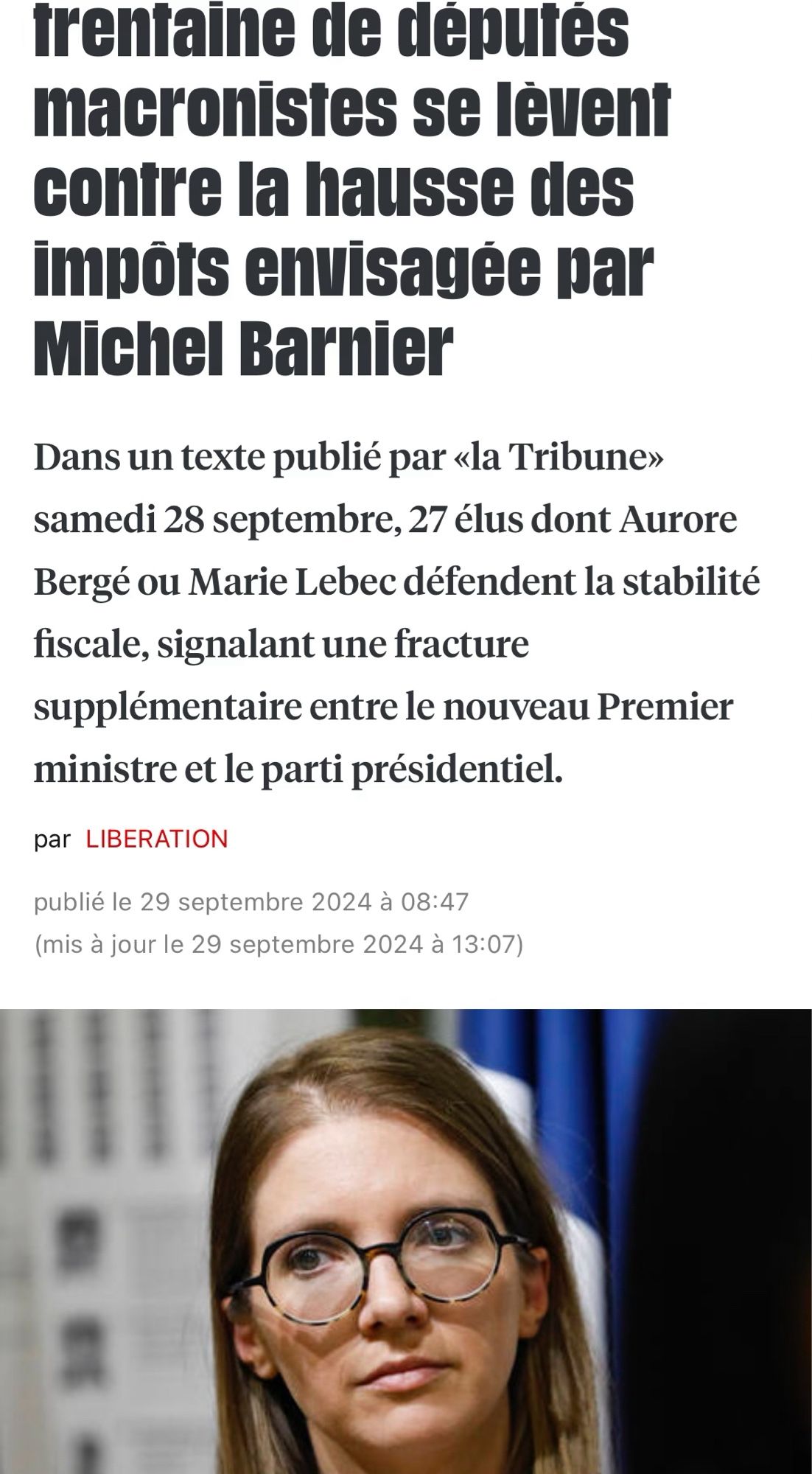 Capture d’un article de Libération indiquant qu’une trentaine de députés macronistes s’opposent à toute hausse des impôts