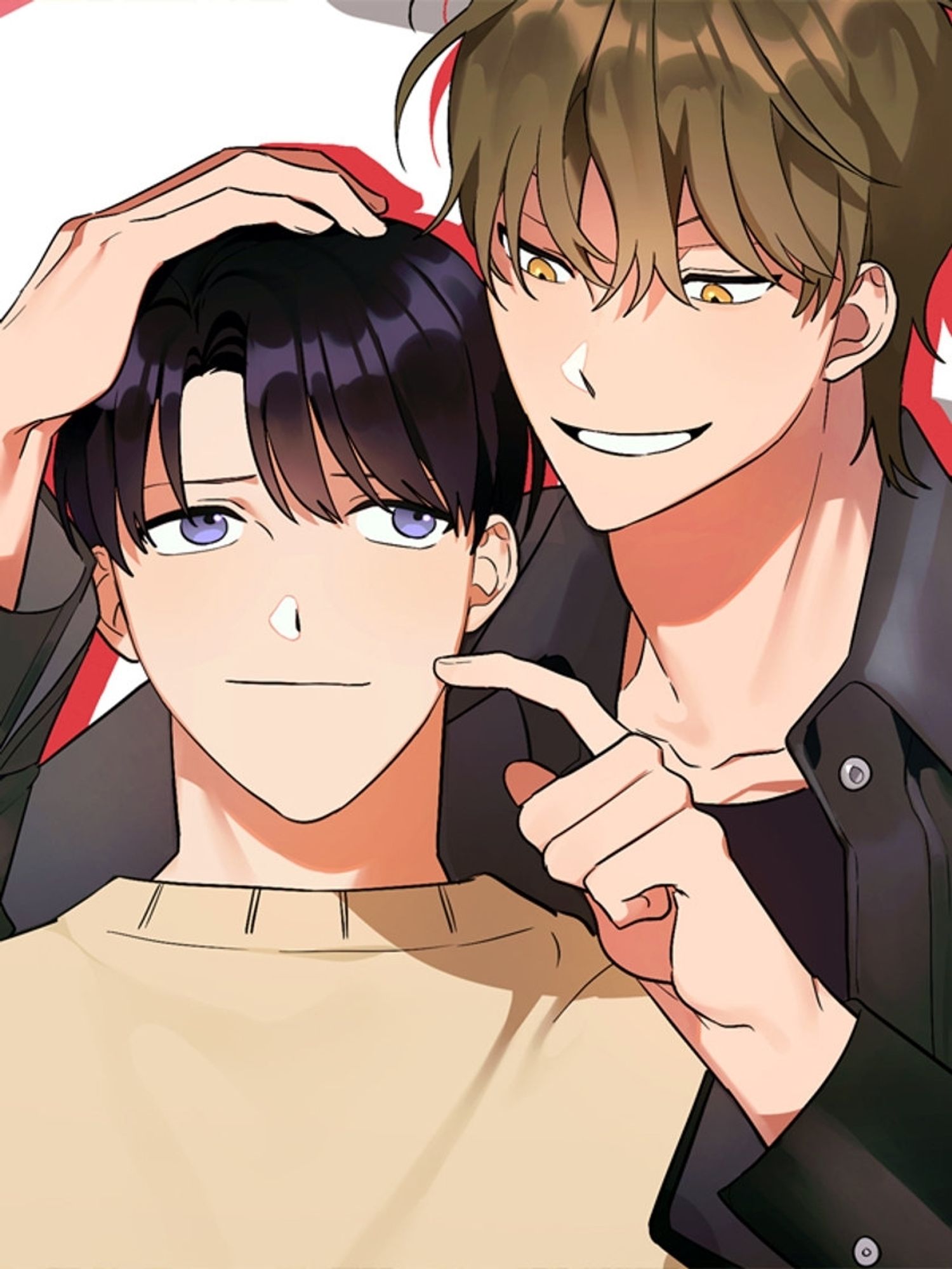 Cover of the manwha "Wrong Night Stand", created by ssaewoo. Read it on Lezhin. 

Picture description: a young man with tanned skin, brown hair and golden eyes is standing behind a 2nd young man. The 1st man is wearing a leather jacket over a black tshirt and playfully smiling looking down at the 2nd man, poking his cheek with a finger and patting the 2nd man's head with his other hand. The 2nd man is shorter. He has pale skin, black hair and purple eye. He is looking up at the 1st man his expression smiling in a neutral and guarded way. The reader cant guess what the 2nd man is actually thinking or feeling.