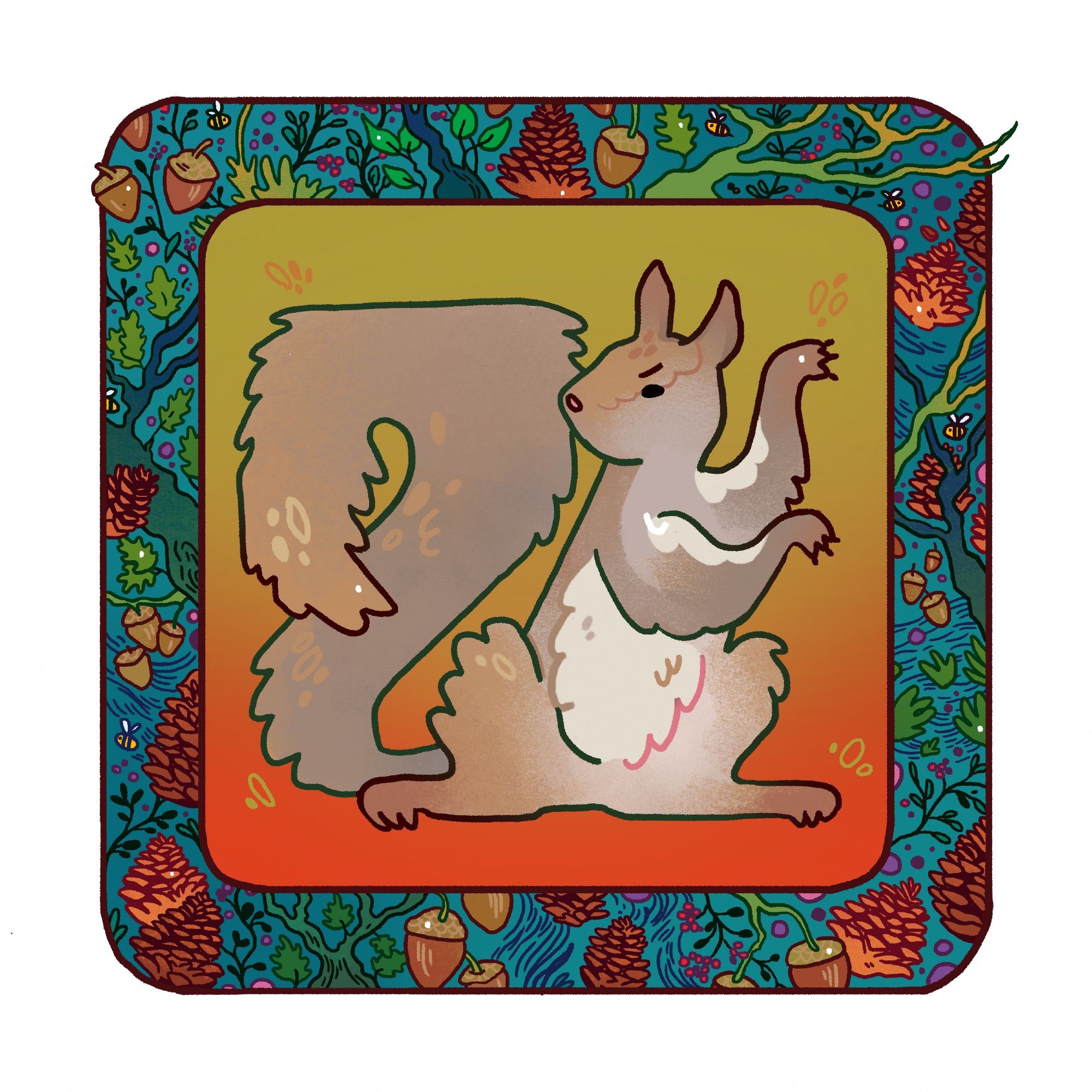 illustration of a squirrel surrounded by acorns, leaves and pinecones