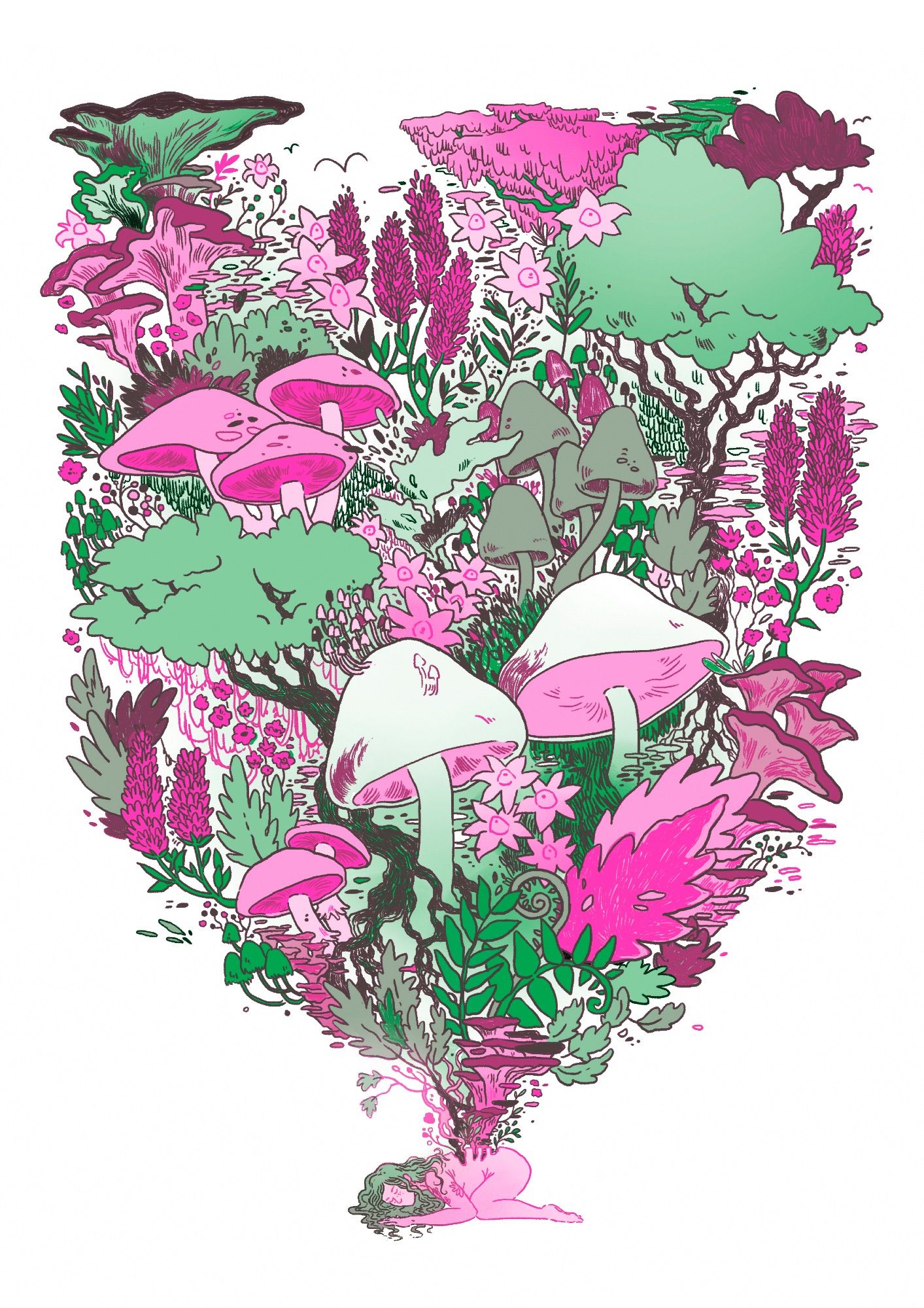 a pink and green illustration of a naked person with plants and mushrooms growing out of their body