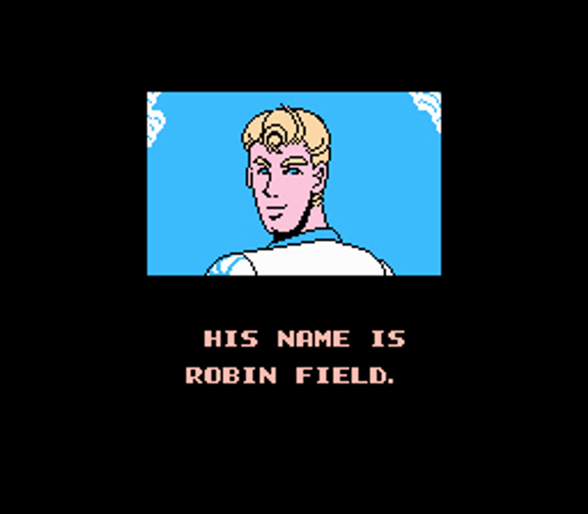 A screenshot of Tecmo Cup: Soccer Game for NES, depicting the blond-haired, blue-eyed Robin Fields. He replaces Captain Tsubasa from the Japanese game of the same name.