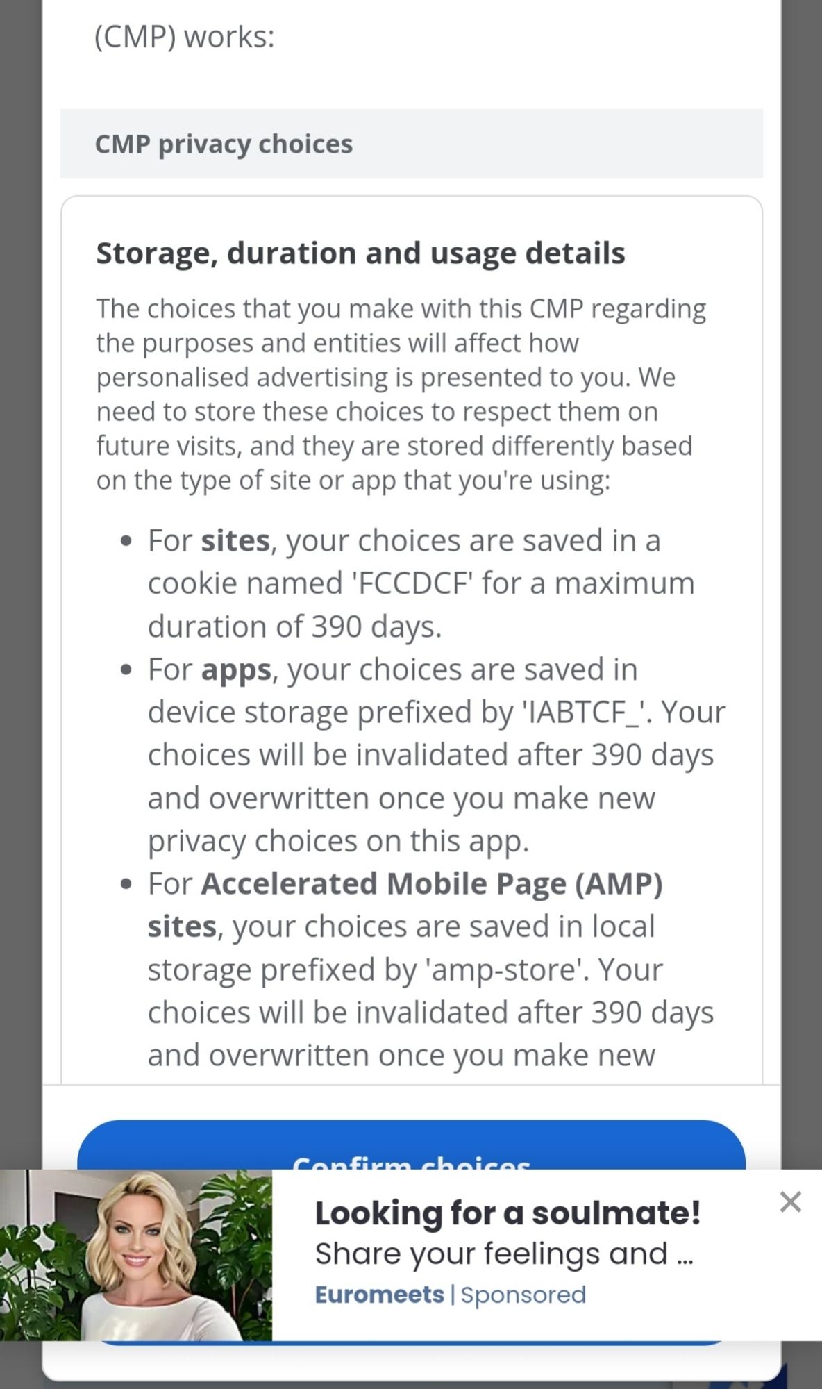 Screenshot of website, where 'confirm choices' is hidden behind ad for 'looking for a soulmate'
