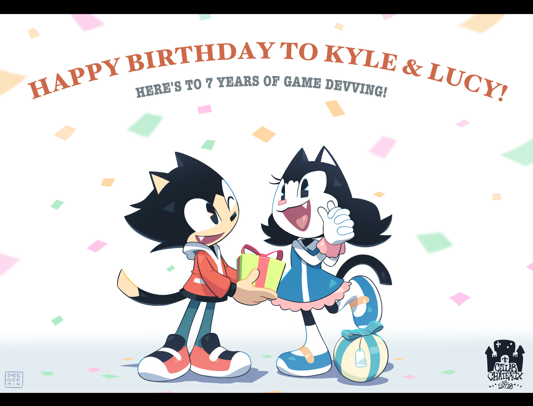 A digital illustration of Kyle & Lucy exchanging birthday gifts together. Both have unique birthday outfits on! Kyle is handing Lucy a green present box with a red ribbon, while Lucy looks on in adoration. Lucy also has a round white present with blue ribbon for Kyle. Confetti is seen raining down around them too.