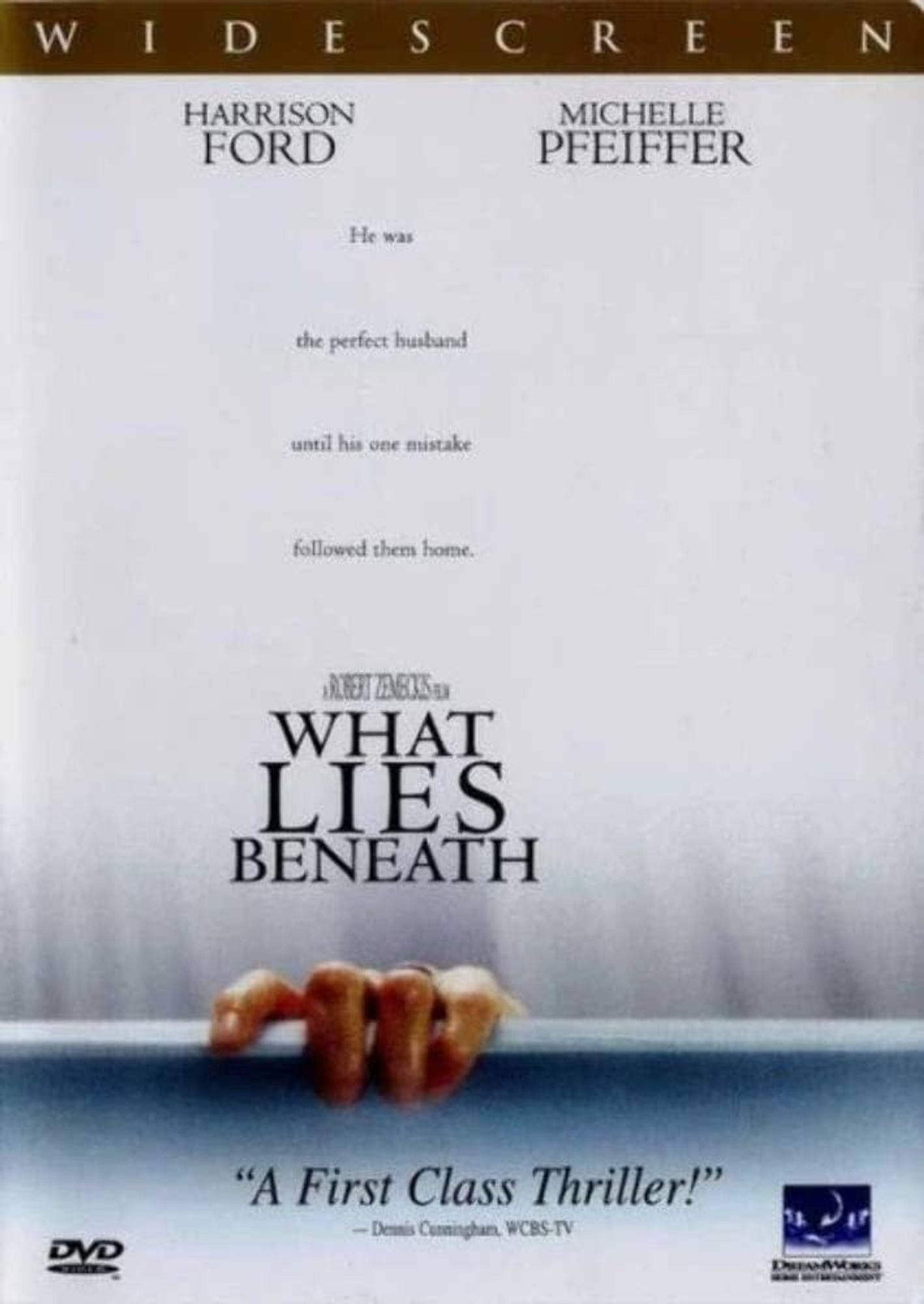 White poster for the film WHAT LIES BENEATH. At the bottom under the title are the fingers of a hand gripping white tile.