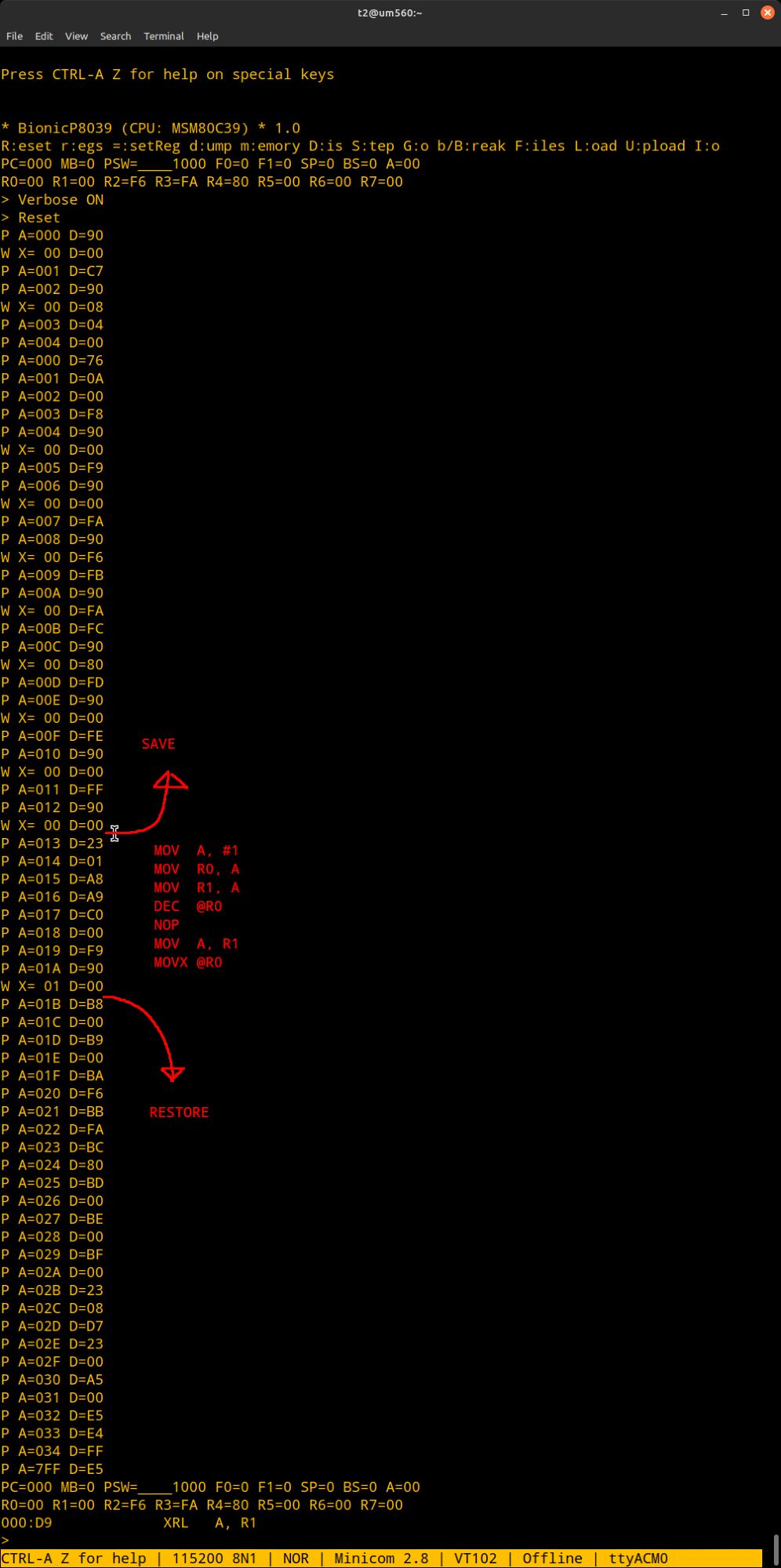 Reset sequence of BionicP8048 debugger showing auto detection code running.