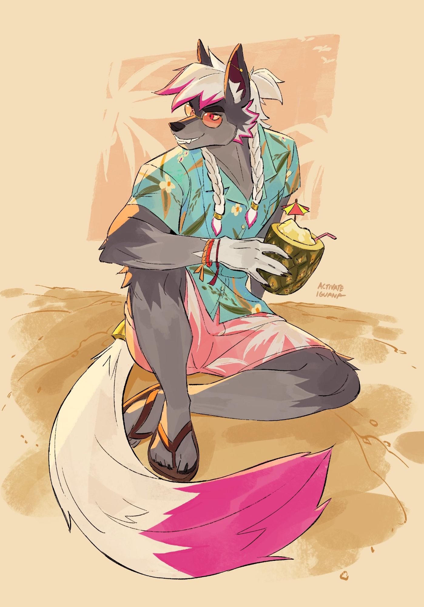 Nax, an anthropomorphic gray wolf, is sitting on the sand, basking the sundown light while enjoying a pineapple colada. He wears a summer outfit: a teal shirt with plant drawings, a rosé swimming trunks with palmtree markings, and brown flip-flops.