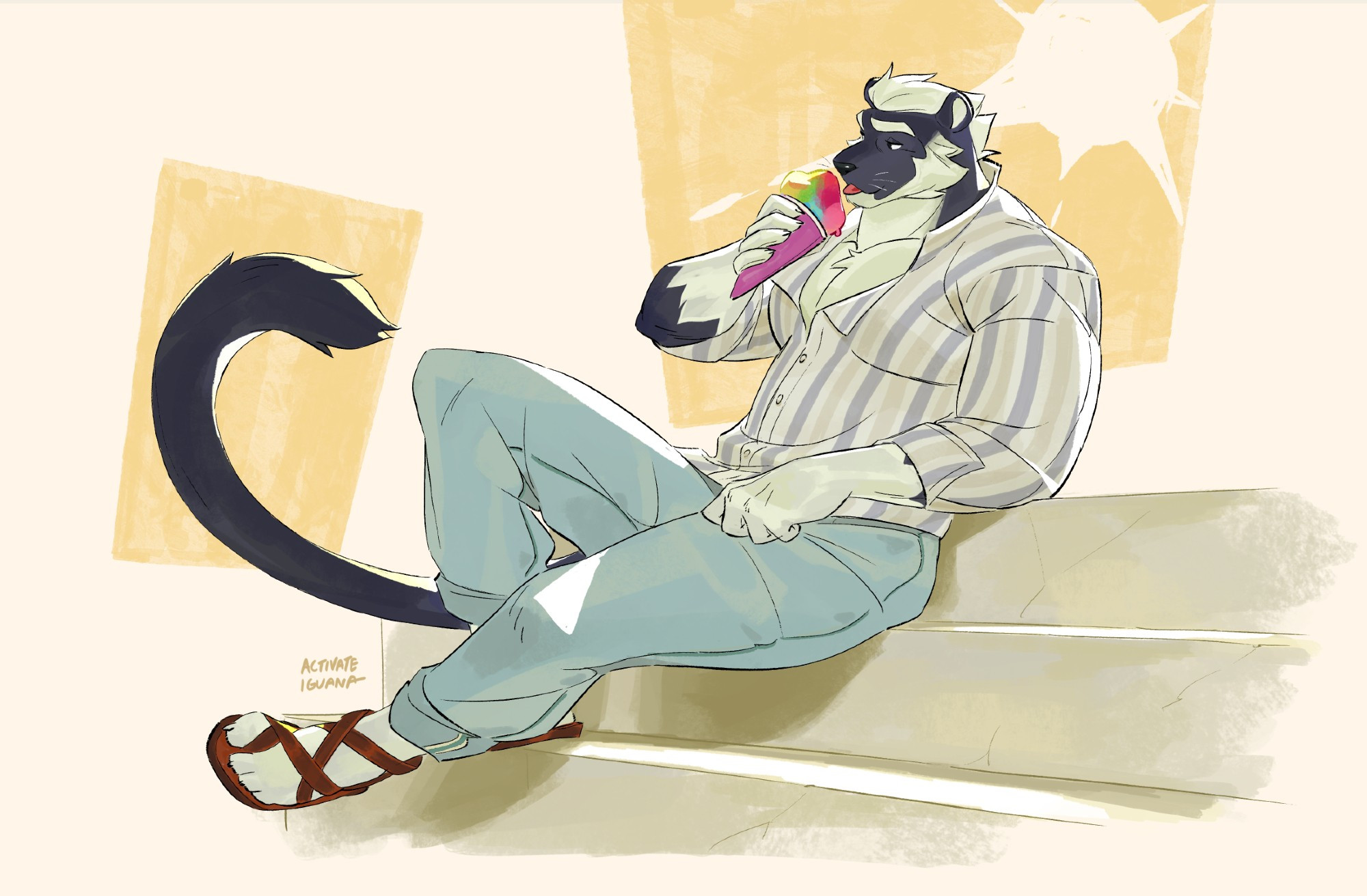 Alex, an anthropomorphic black and white feline, is eating a rainbow snowcone while sitting on steps, on a hot summer day. He wears a striped shirt, jeans and leather sandals.