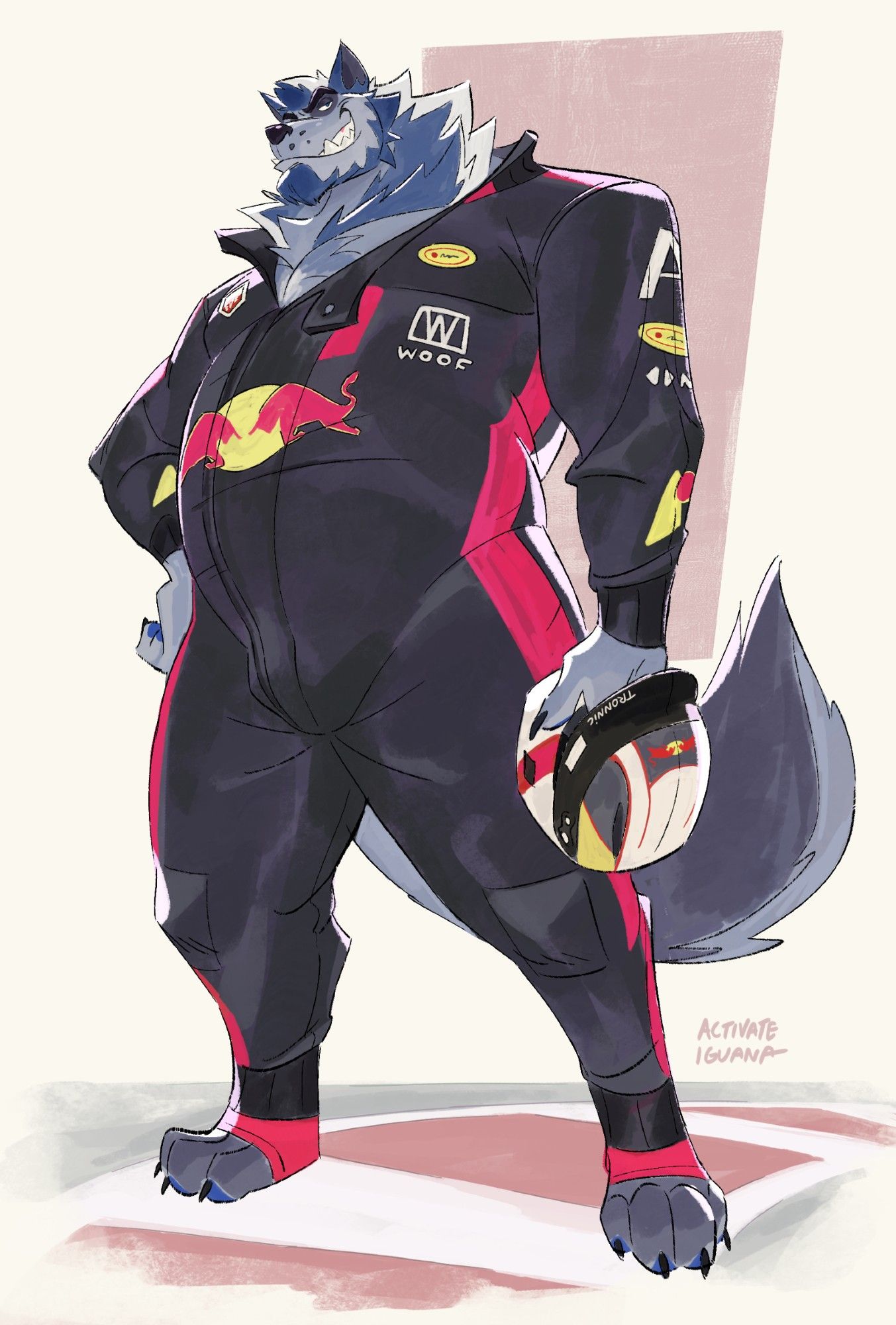 An anthropomorphic blue and grey wolf wearing a Formula 1 suit, standing upright on a racing track and smirking while holding a helmet.