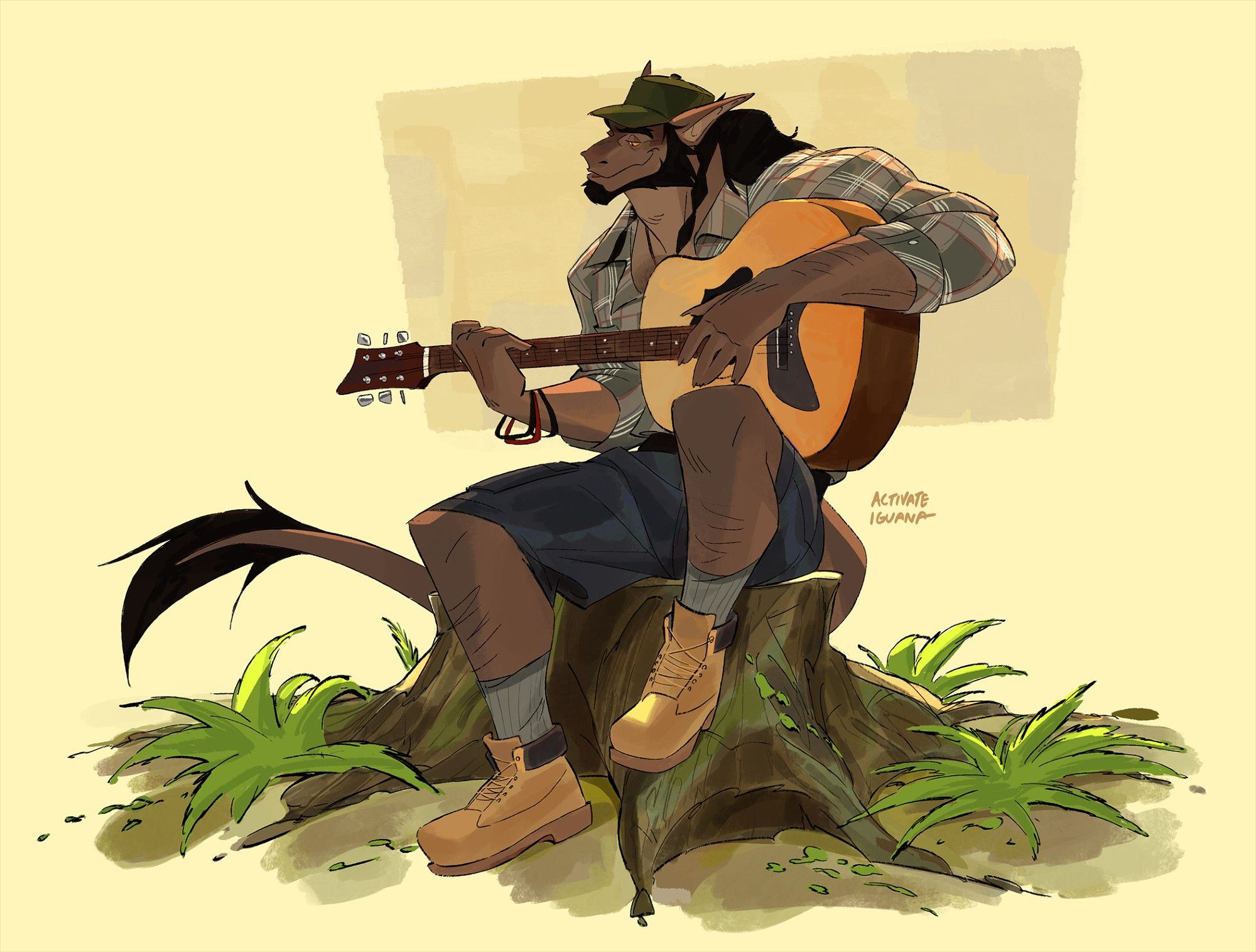 Kor, an anthropomorphic dragon, sits on a tree stump surrounded by ferns, calmly playing an acoustic guitar. He wears a green cap, flannel shirt, cargo shorts and heavy-duty boots.