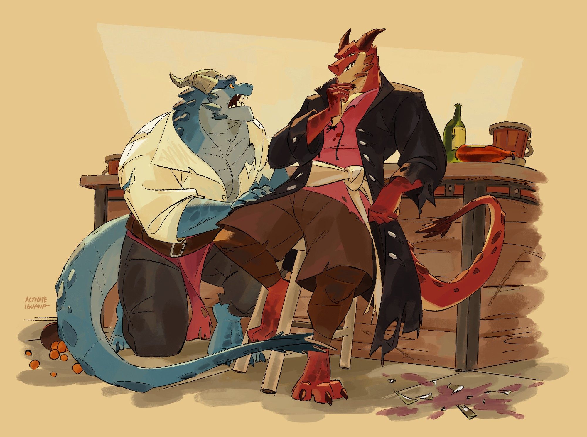 Two male dragonborns are leaning against a messy bar counter after what seems a fight. Their clothes are ragged from the ordeal. Noe, a blue dragonborn, is exasperated and caring for his partner's current condition. He is crouched and leaning on Tinder, a red dragonborn. Tinder appears cocky and a bit enabriated, still looking for some hand-to-face fun despite his wounds. He is clumsily sitting on a stool, with a bloody hand over his jaw.