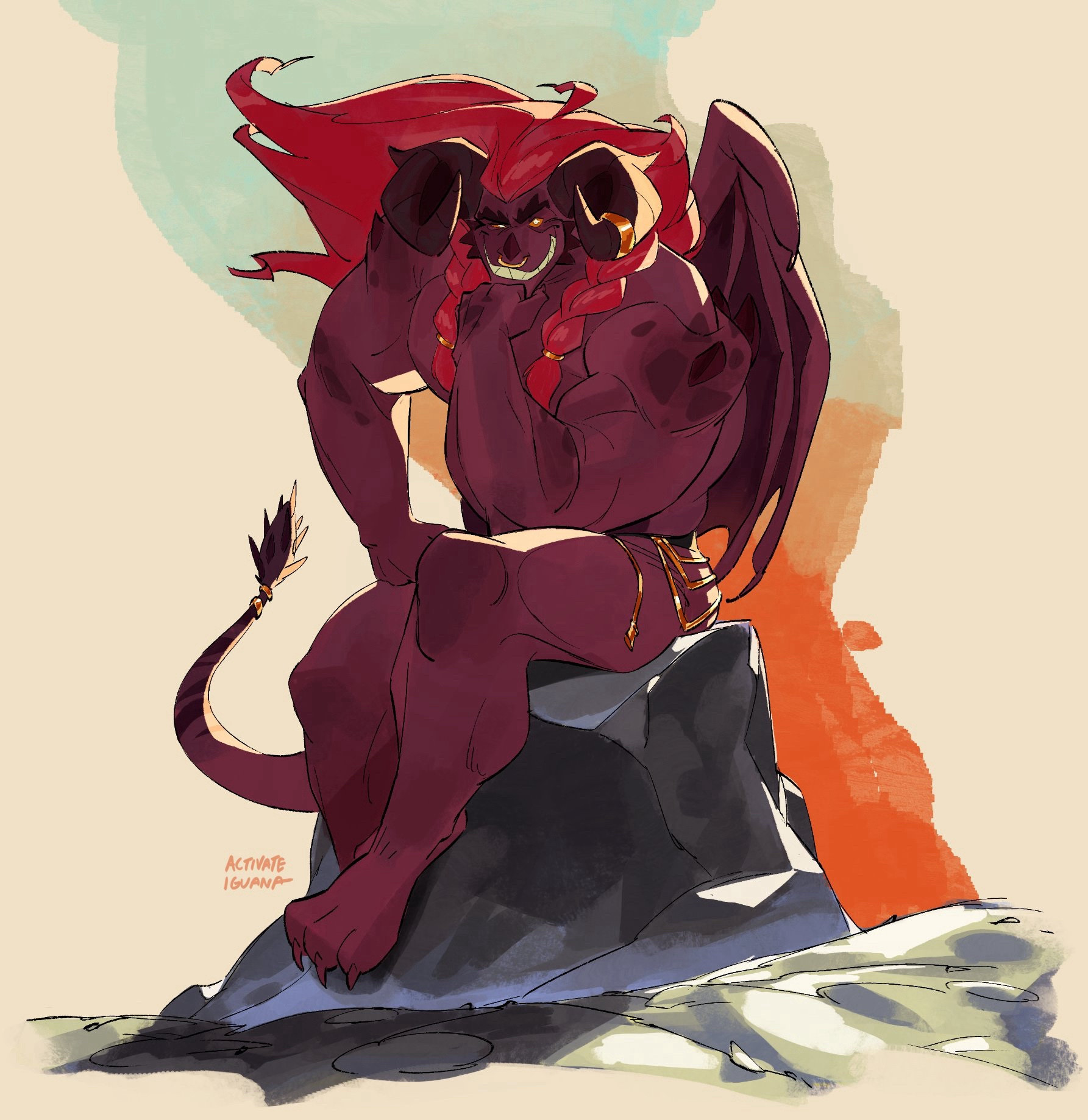 A muscled anthropomorphic winged red dragon, Darmuz, sits on a stony surface, looking alluringly and intimidatingly at the viewer.