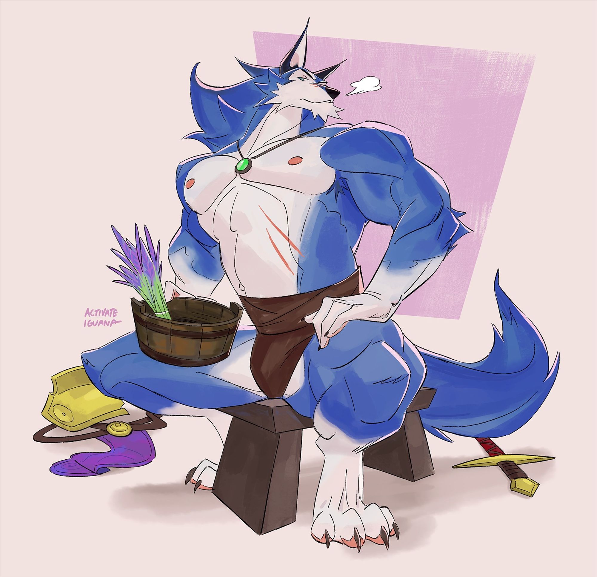 A blue anthropomorphic wolf in undergarments sitting on a stool ready for a bath, holding a wooden bucket with some lavender in it. There are pieces of his armor (a pauldron and belt) and gear (sword) scattered around.