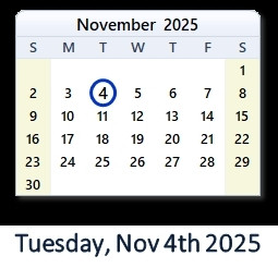 • A November 2025 calendar with November 4 encircled
• Top text: November  2025
• Bottom text: Tuesday, Nov 4th 2025
• Picture credit: https://s.wincalendar.net/img/en/days/november-4-2025.png